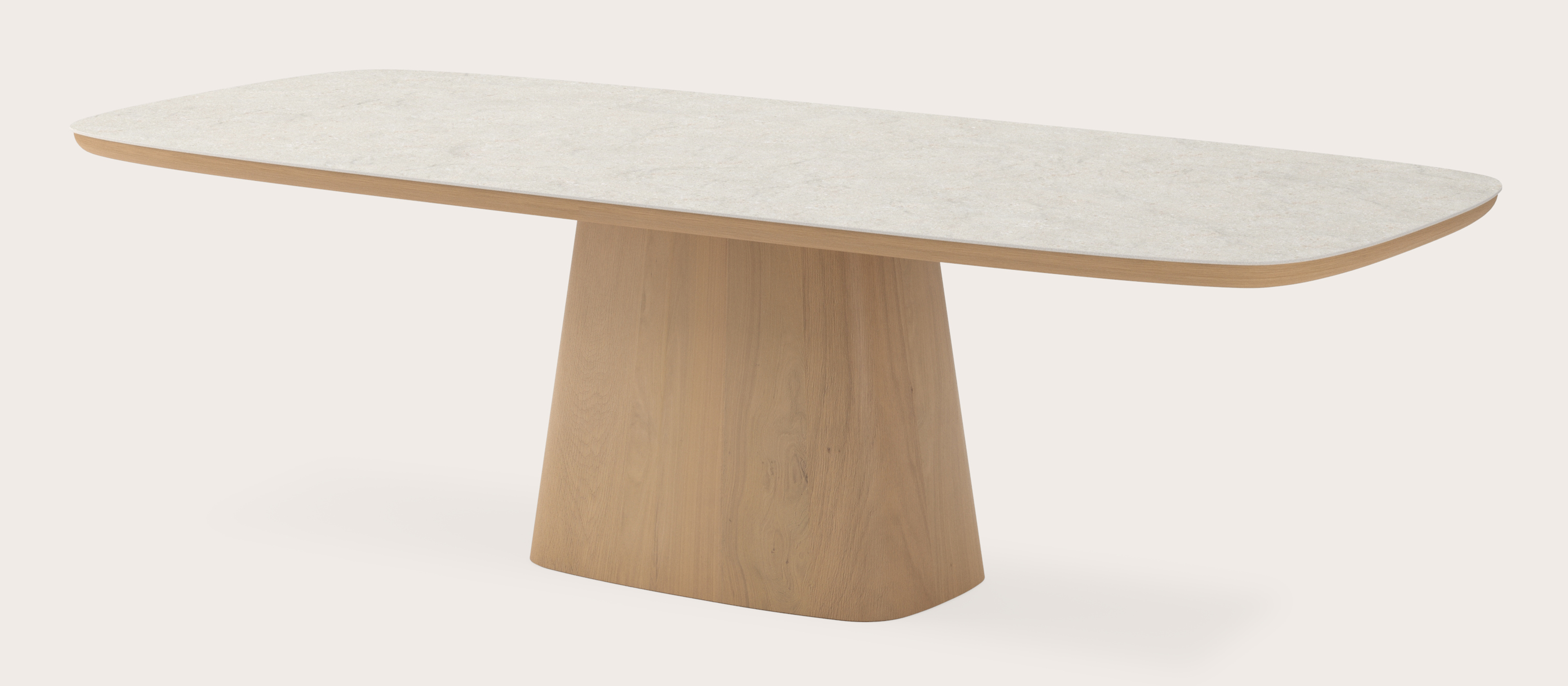 Eettafel Amato Cuadro onderstel in chêne couleur naturelle avec plateau Ceramo forme arrondie en céramique en couleur Shilin 260 x 110 x 77 cm