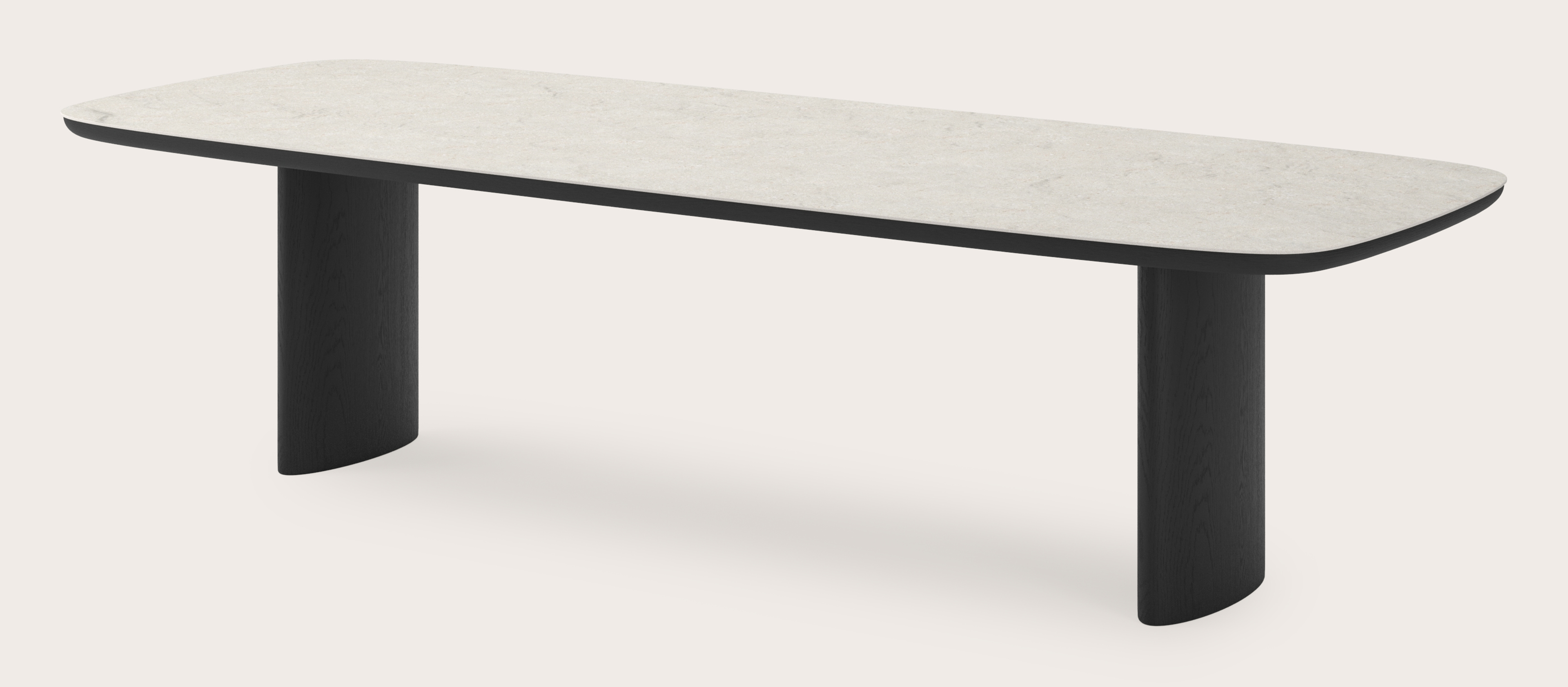Table de salle à manger Amato Ellipso armature en chêne noir avec plateau Ceramo forme arrondie en céramique en couleur Shilin 300 x 115 x 76 cm