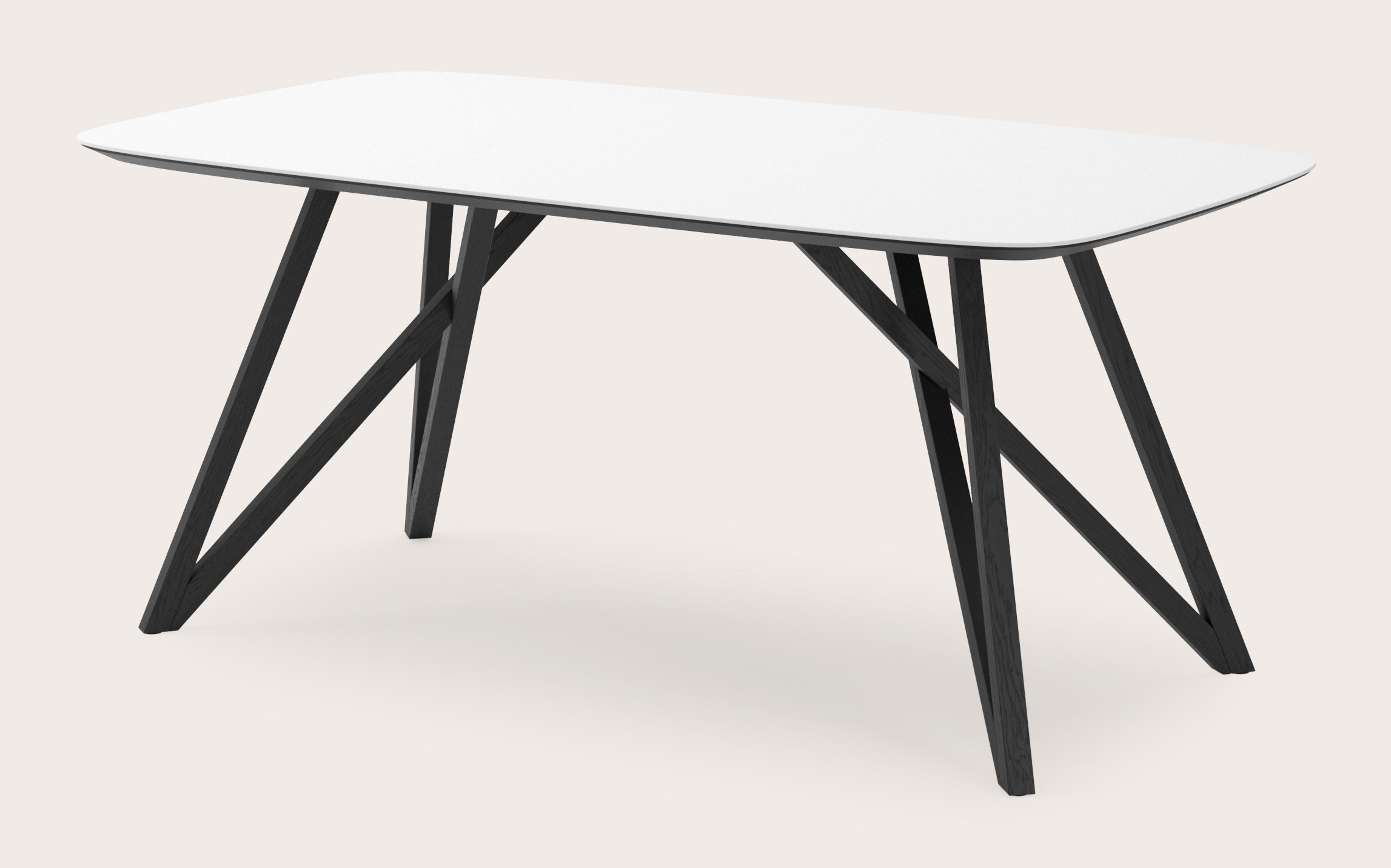 Eettafel Ragno onderstel in zwarte eik met bootvormig volkeramisch Ceramo blad in kleur Arctic White 180 x 100 x 77 cm