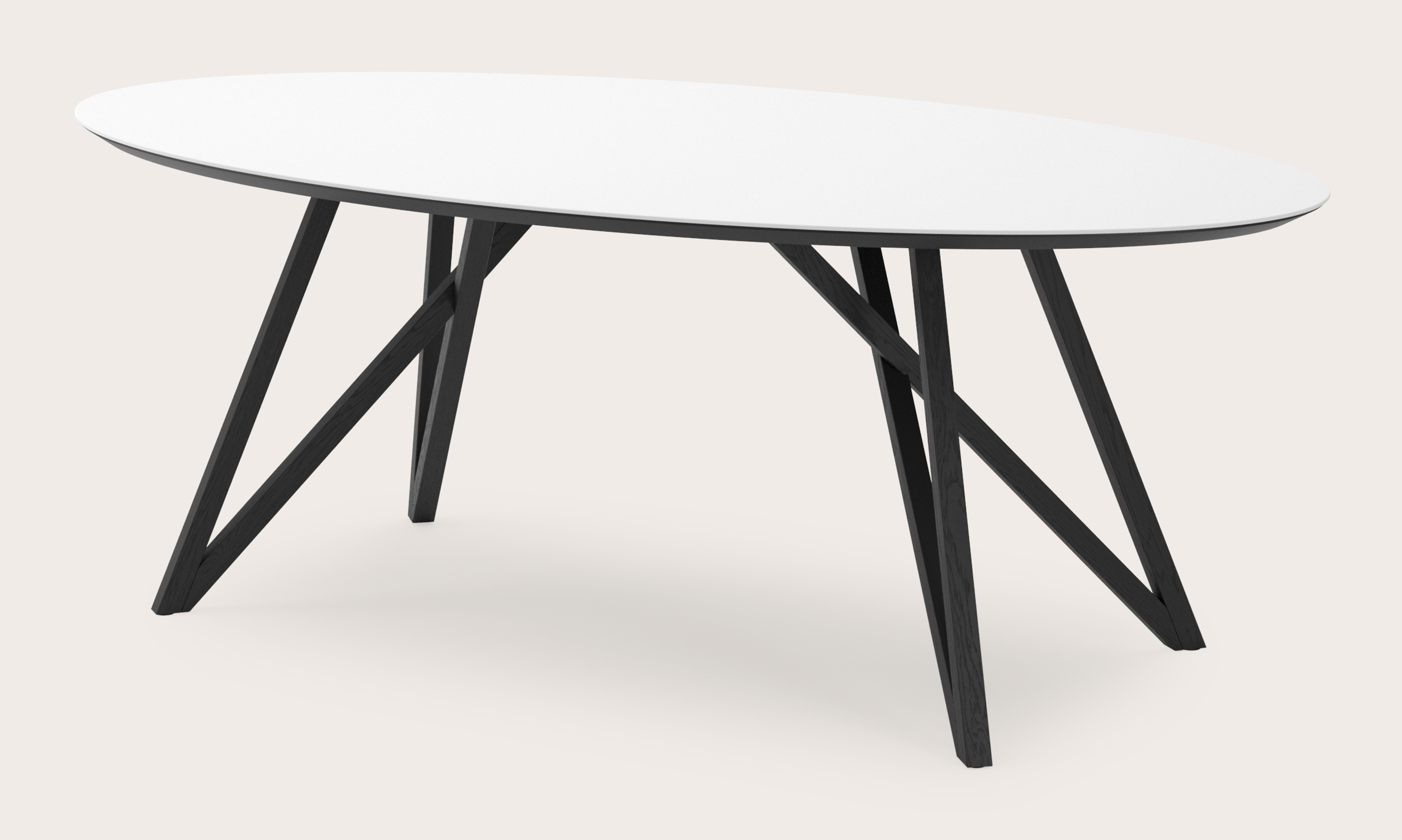 Eettafel Ragno onderstel in zwarte eik met ovaal volkeramisch Ceramo blad in kleur Arctic White 220 x 120 x 77 cm