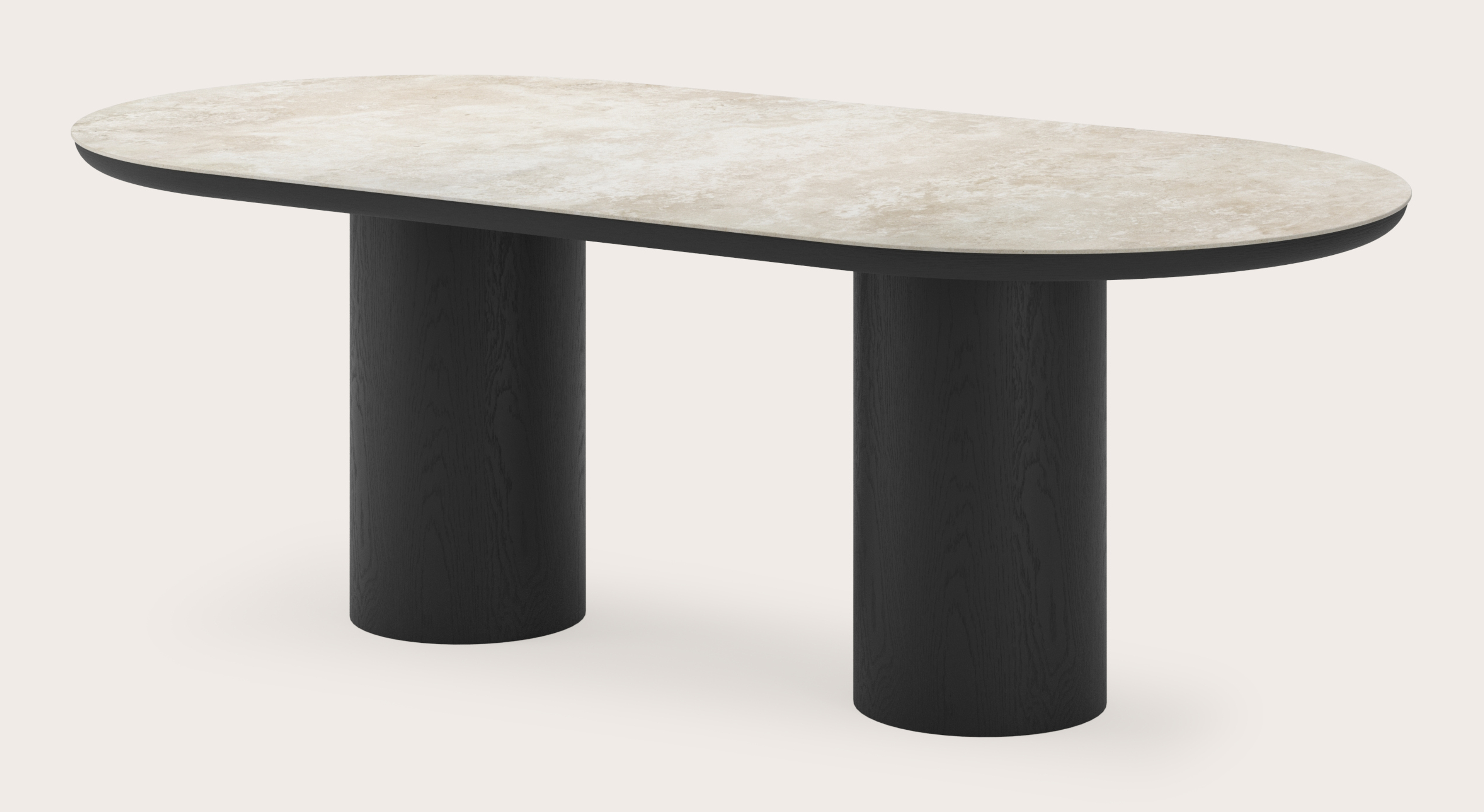 Eettafel Amato Rondo onderstel in zwarte eik met plat ovaal volkeramisch Ceramo blad in kleur Rapolano 220 x 110 x 76 cm
