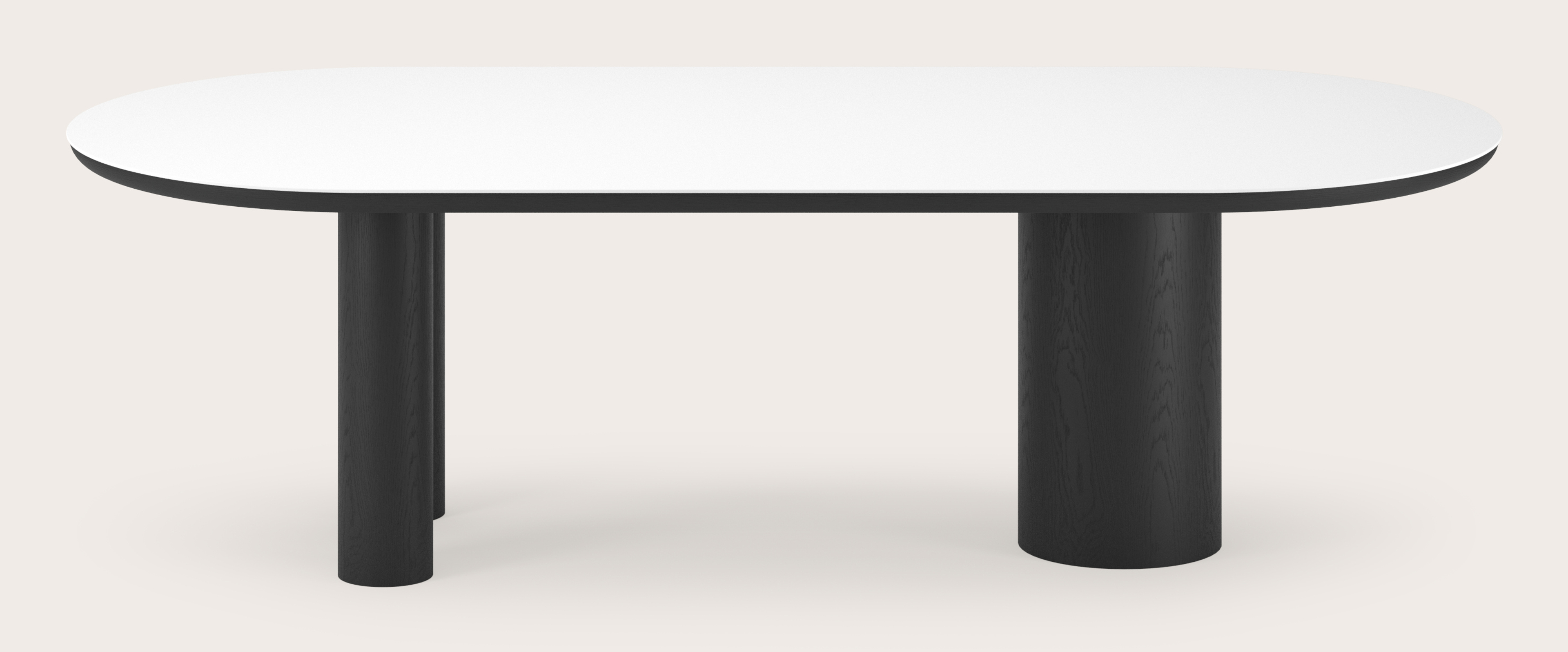 Eettafel Amato Rondo onderstel in zwarte eik met plat ovaal volkeramisch Ceramo blad in kleur Arctic White 260 x 115 x 76 cm