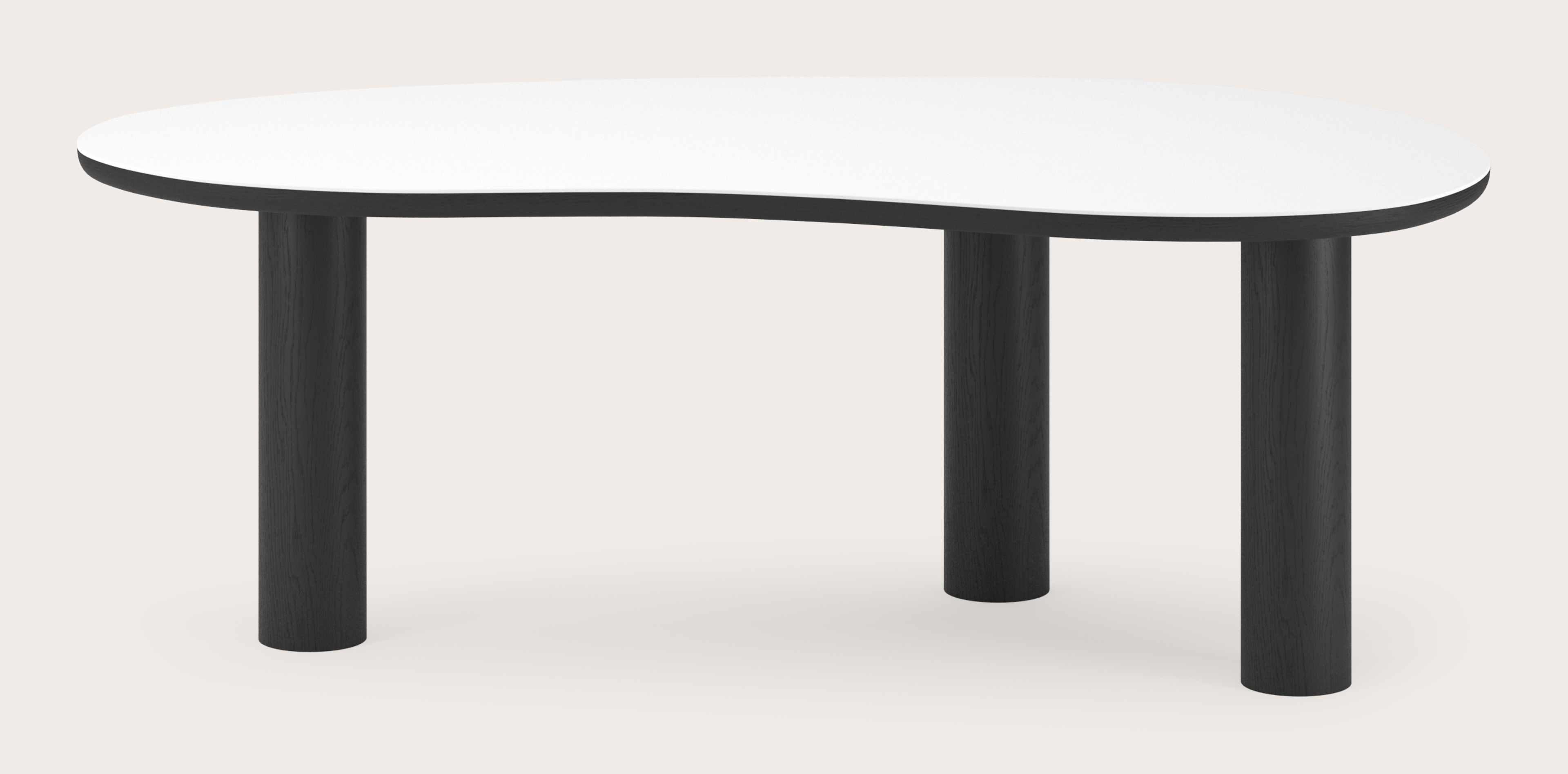 Eettafel Amato Rondo onderstel in zwarte eik met Blobvormig volkeramisch Ceramo blad in kleur Arctic White 220 x 112 x 77 cm