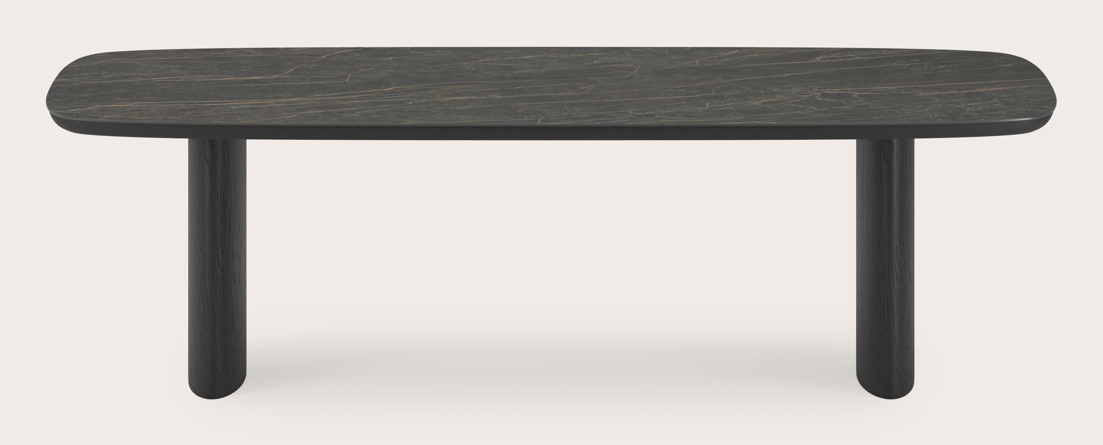 Table de salle à manger Amato Ellipso armature en chêne noir avec plateau Ceramo forme arrondie en céramique en couleur Black Obsession 260 x 110 x 76 cm