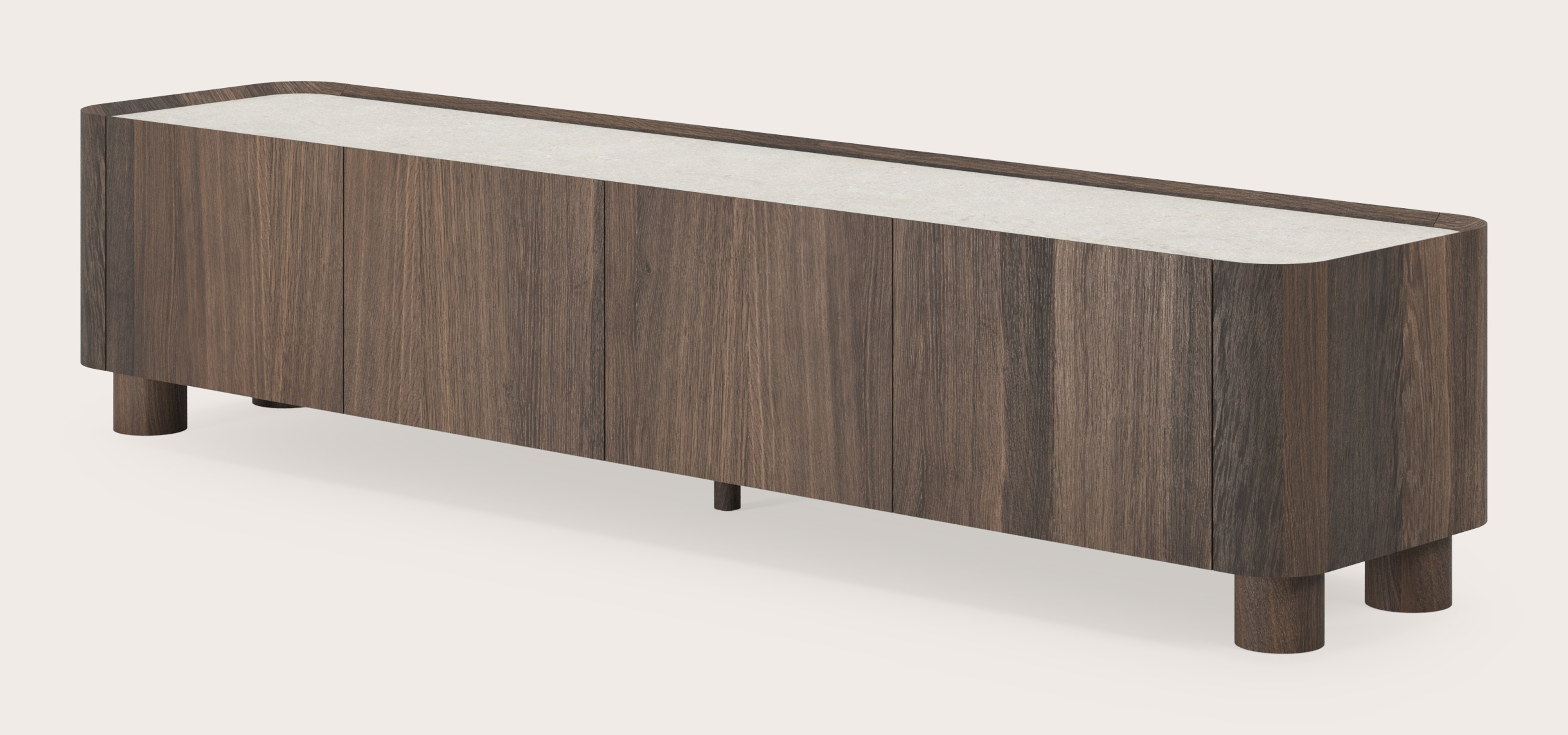 Meuble tv Curvato en chêne fumé avec pieds ronds en bois avec plateau Ceramo en céramique en couleur Shilin 203 x 45 x 44 cm