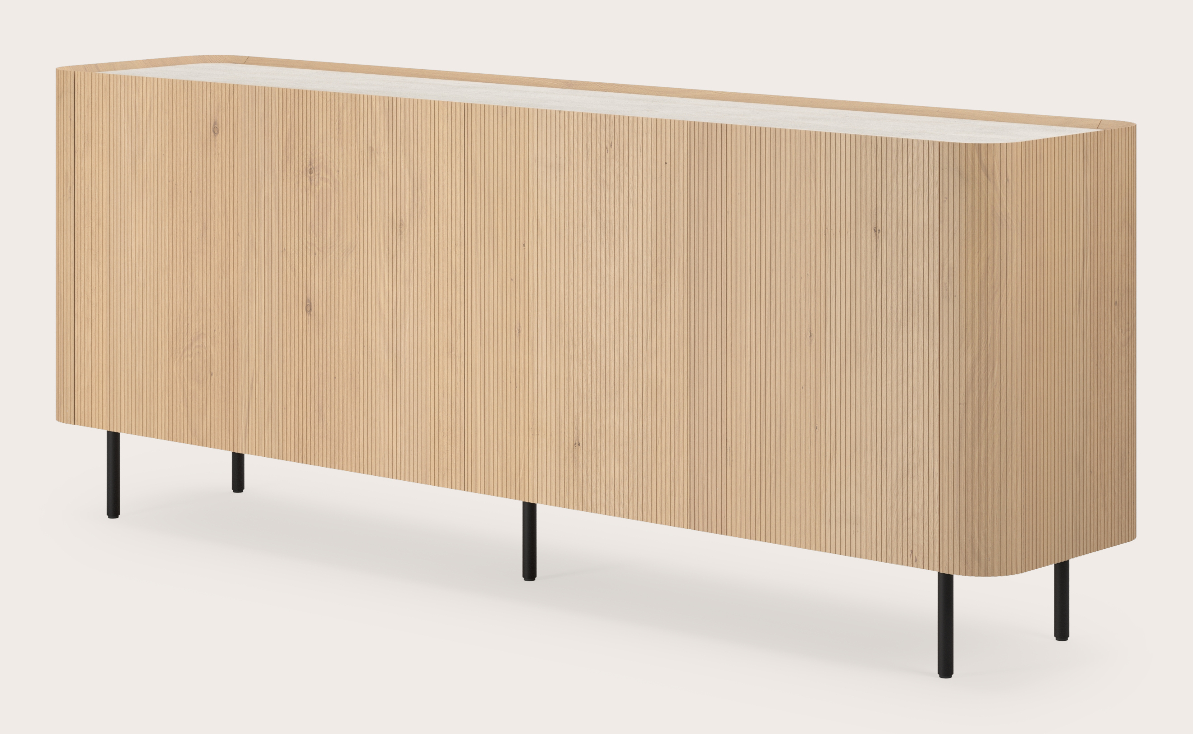 Grivato dressoir in natuurkleurige eik met ronde poten met volkeramisch Ceramo blad in kleur Travertino Bianco 219 x 45 cm