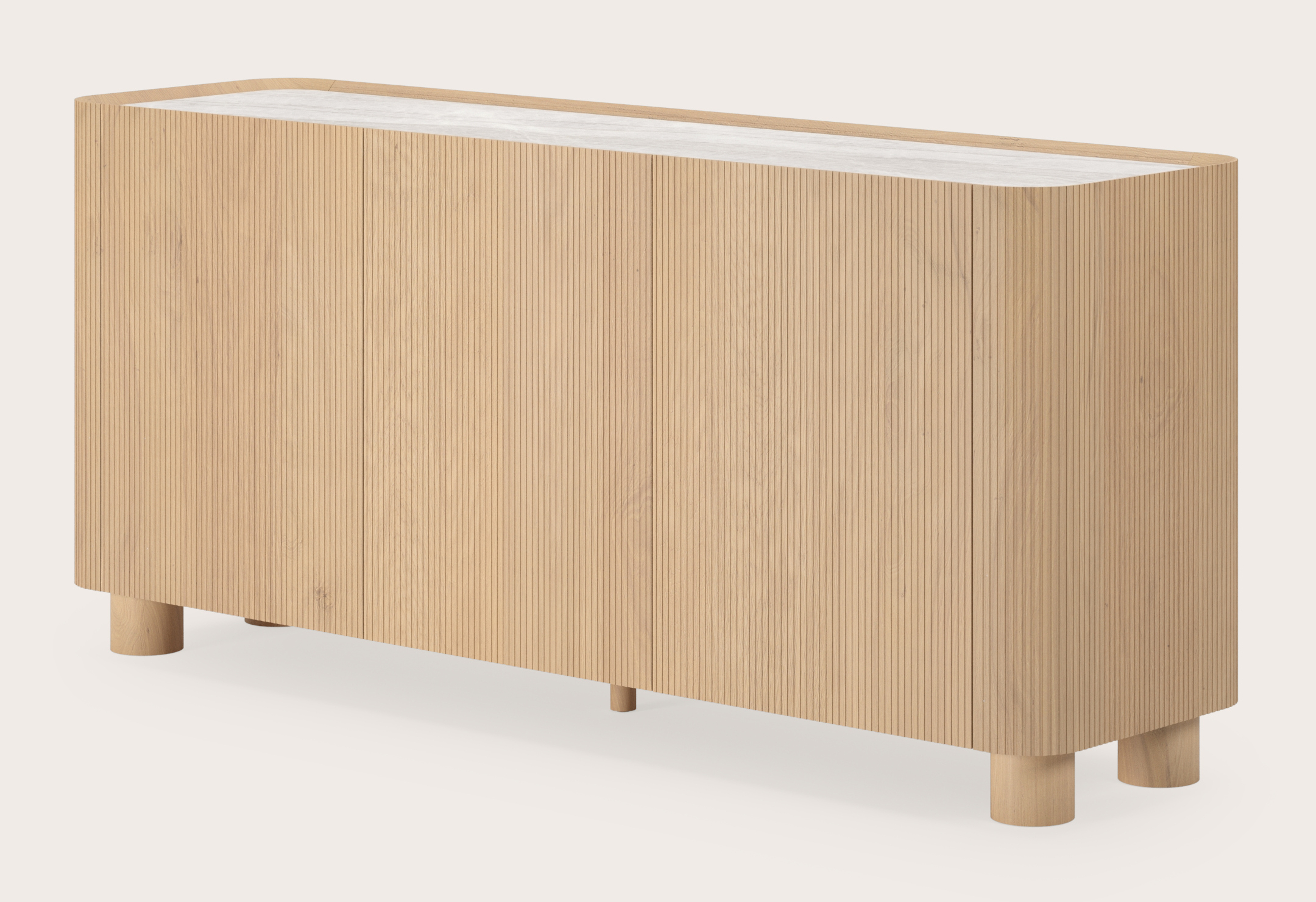 Grivato dressoir in natuurkleurige eik met ronde poten met volkeramisch Ceramo blad in kleur Taj Mahal 169 x 45 cm