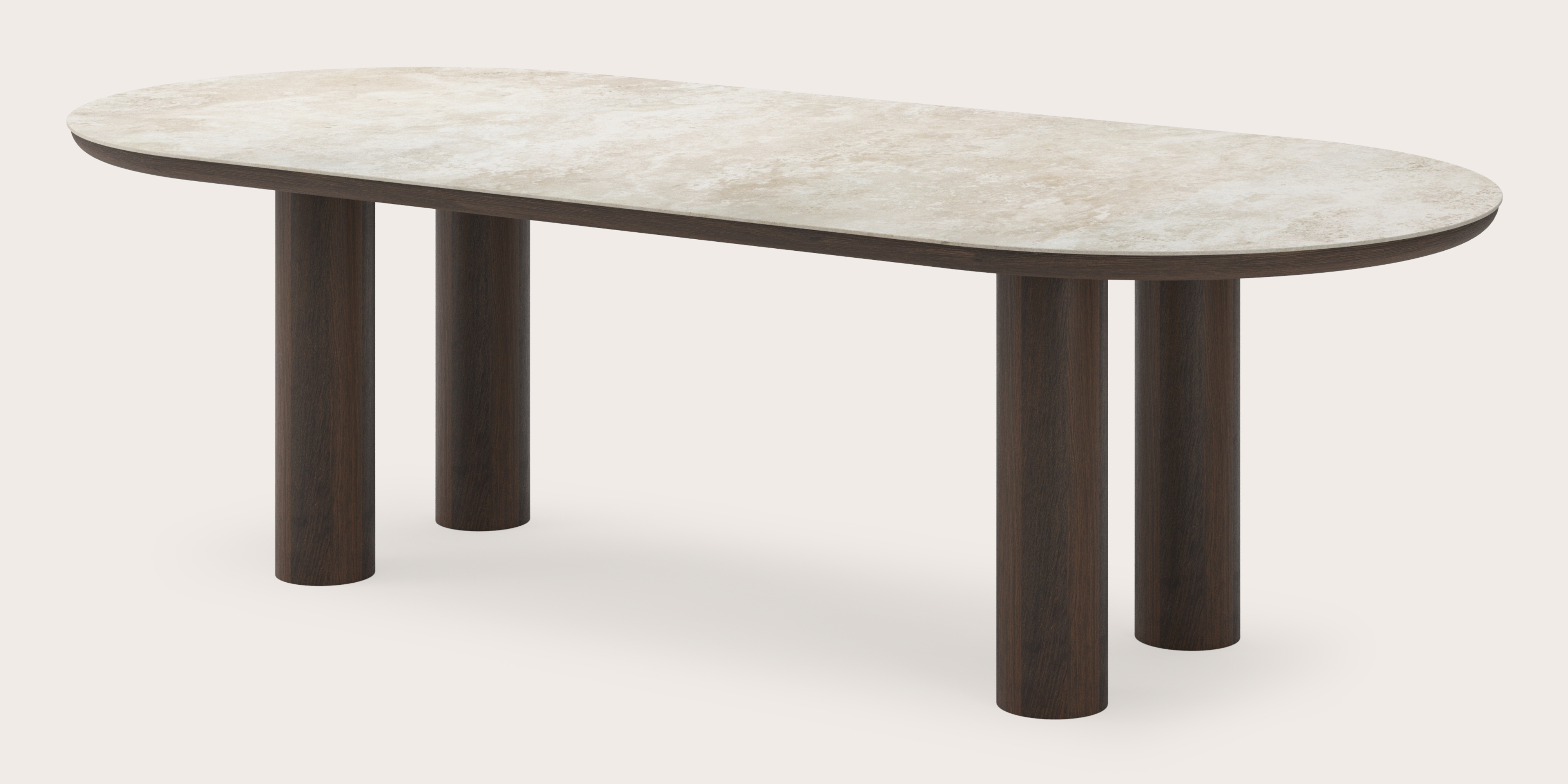 Eettafel Amato Rondo onderstel in gerookte eik met plat ovaal volkeramisch Ceramo blad in kleur Rapolano 260 x 115 x 76 cm