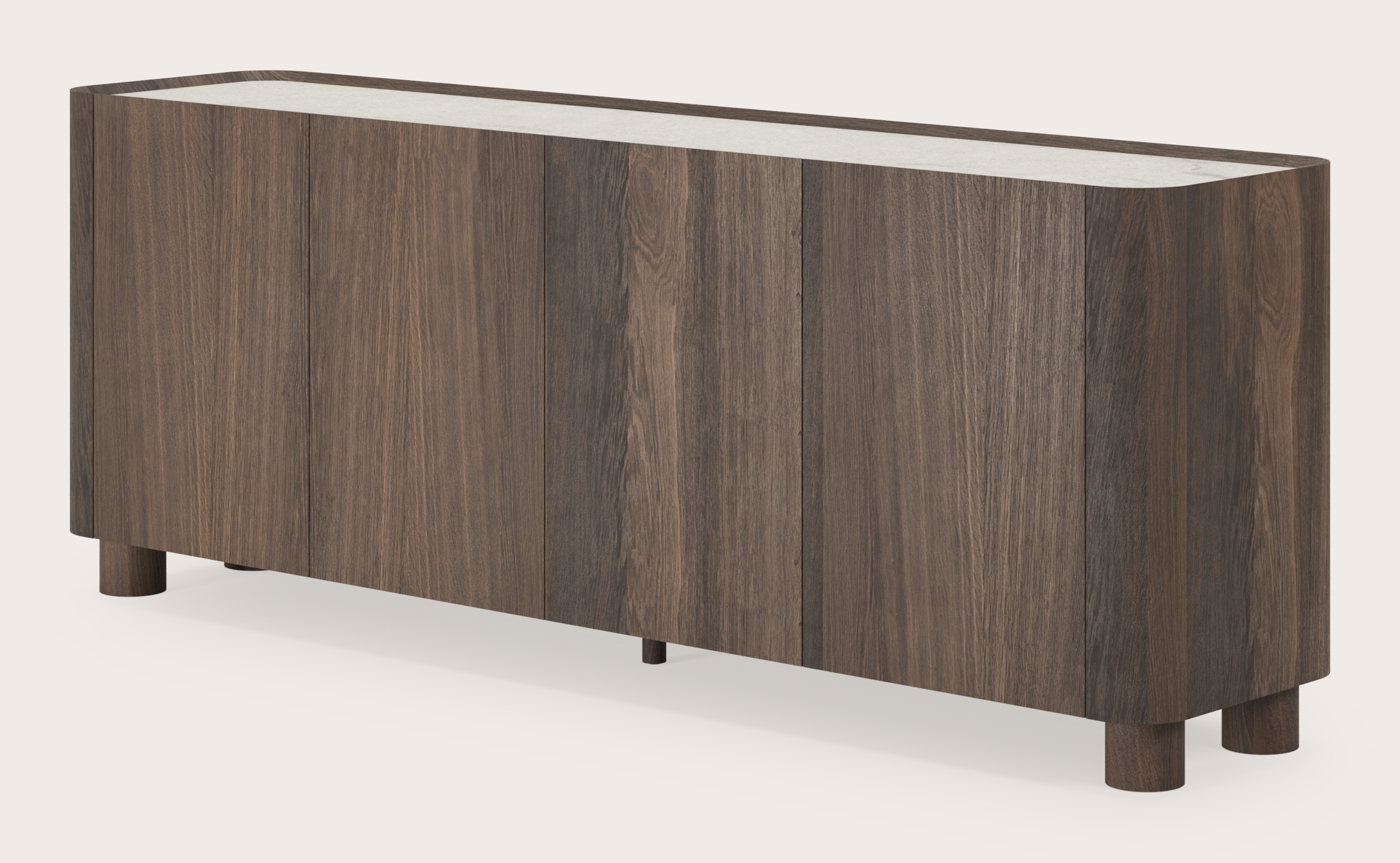 Buffet Curvato en chêne fumé avec pieds ronds en bois avec plateau Ceramo en céramique en couleur Shilin 203 x 45 x 76 cm