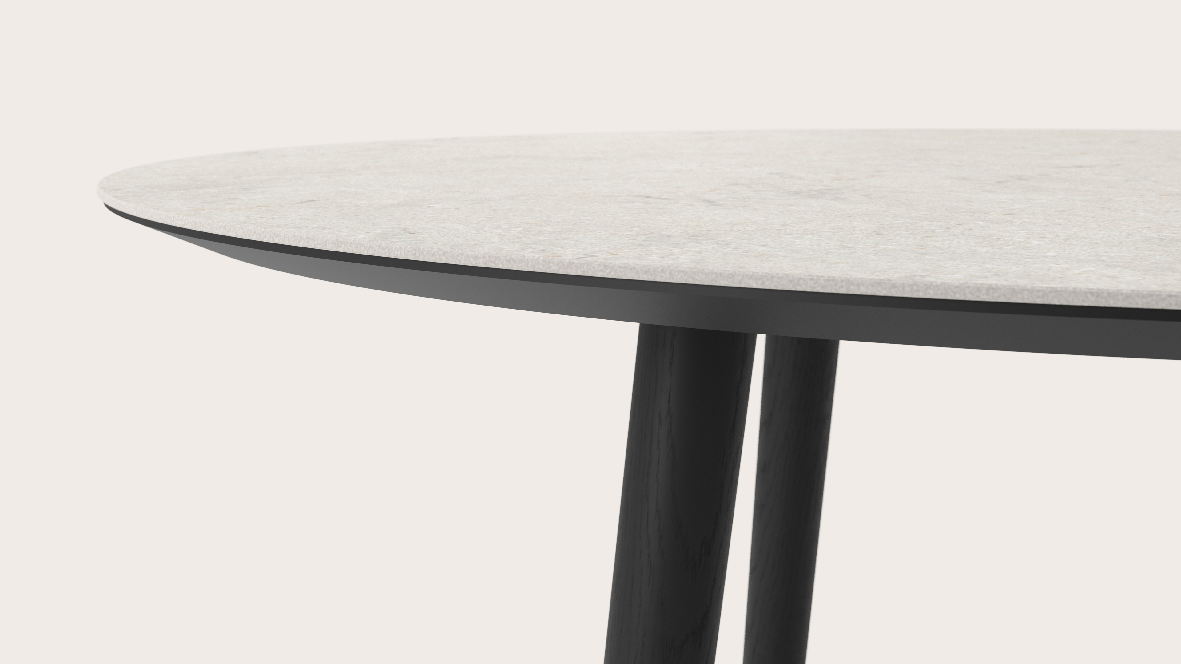 Eettafel Conico onderstel in zwarte eik met rond volkeramisch Ceramo blad in kleur Shilin Ø150 x 77 cm