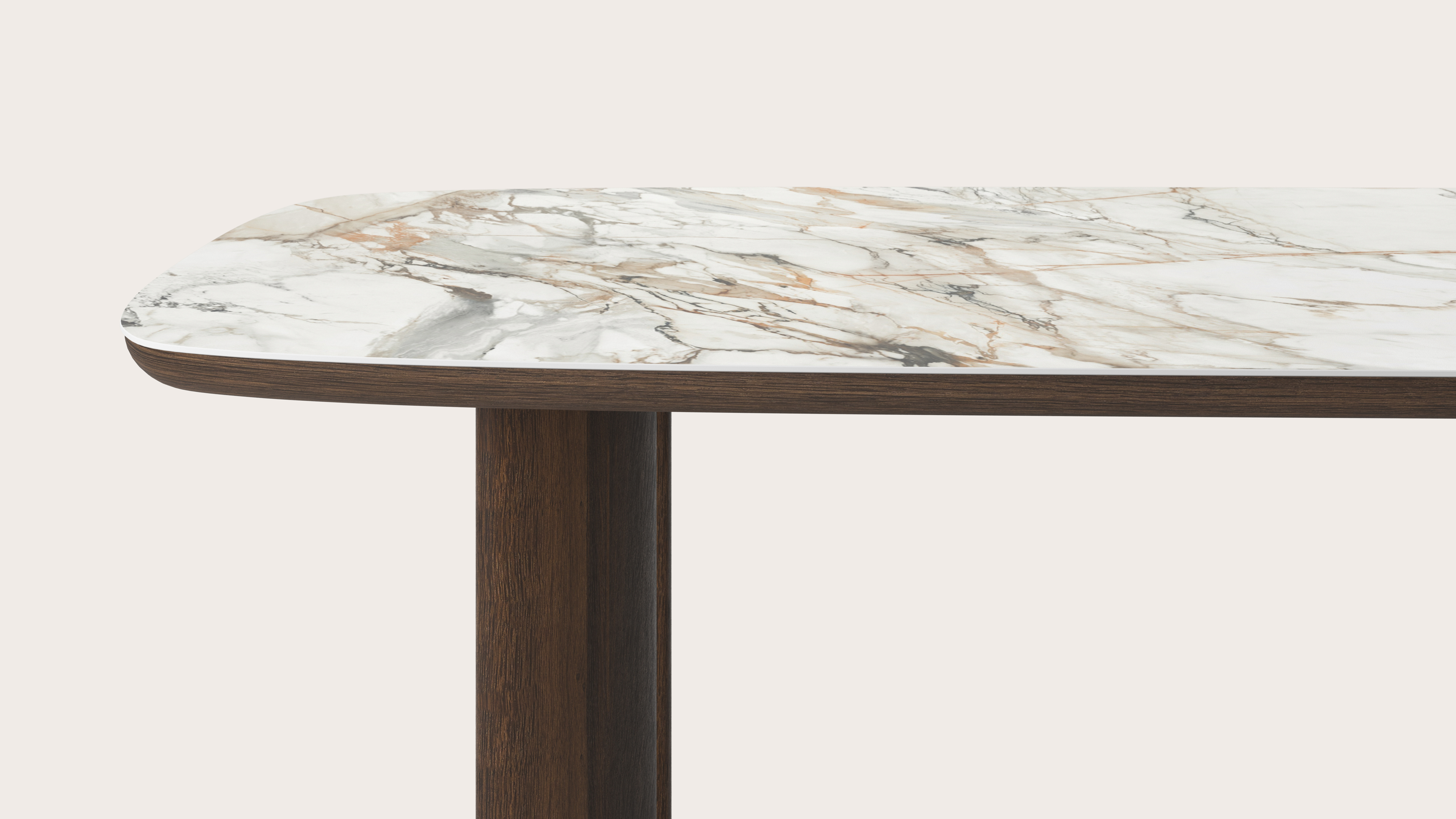 Table de salle à manger Amato Ellipso armature en chêne fumé avec plateau Ceramo forme arrondie en céramique en couleur Calacatta Luxe 260 x 110 x 76 cm