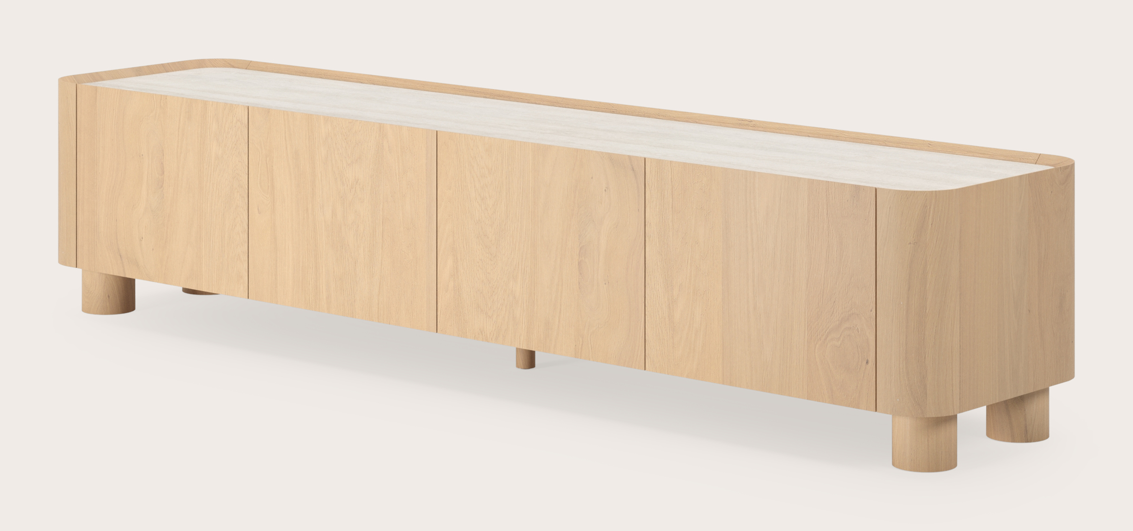 Curvato tv-meubel in natuurkleurige eik met ronde houten poten met volkeramisch Ceramo blad in kleur Travertino Bianco 203 x 45 x 44 cm