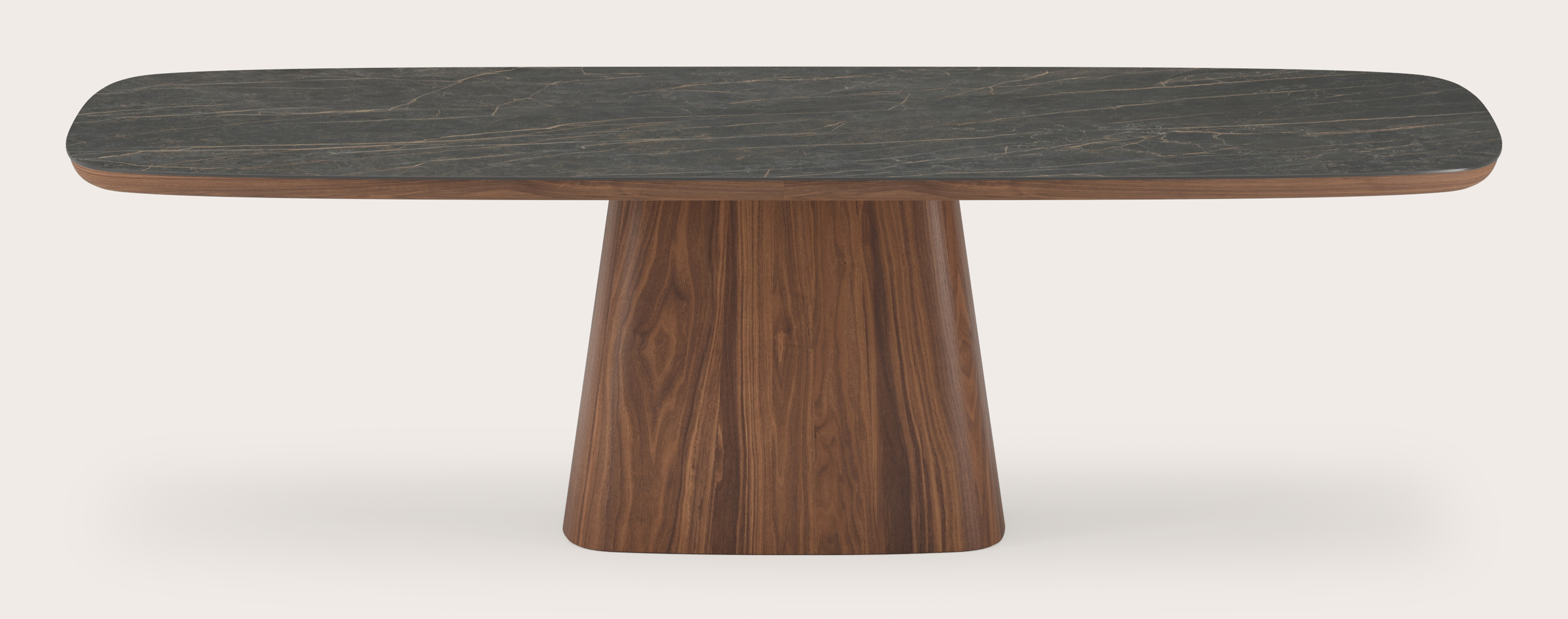 Eettafel Amato Cuadro onderstel in noyer avec plateau Ceramo forme arrondie en céramique en couleur Black Obsession 260 x 110 x 77 cm