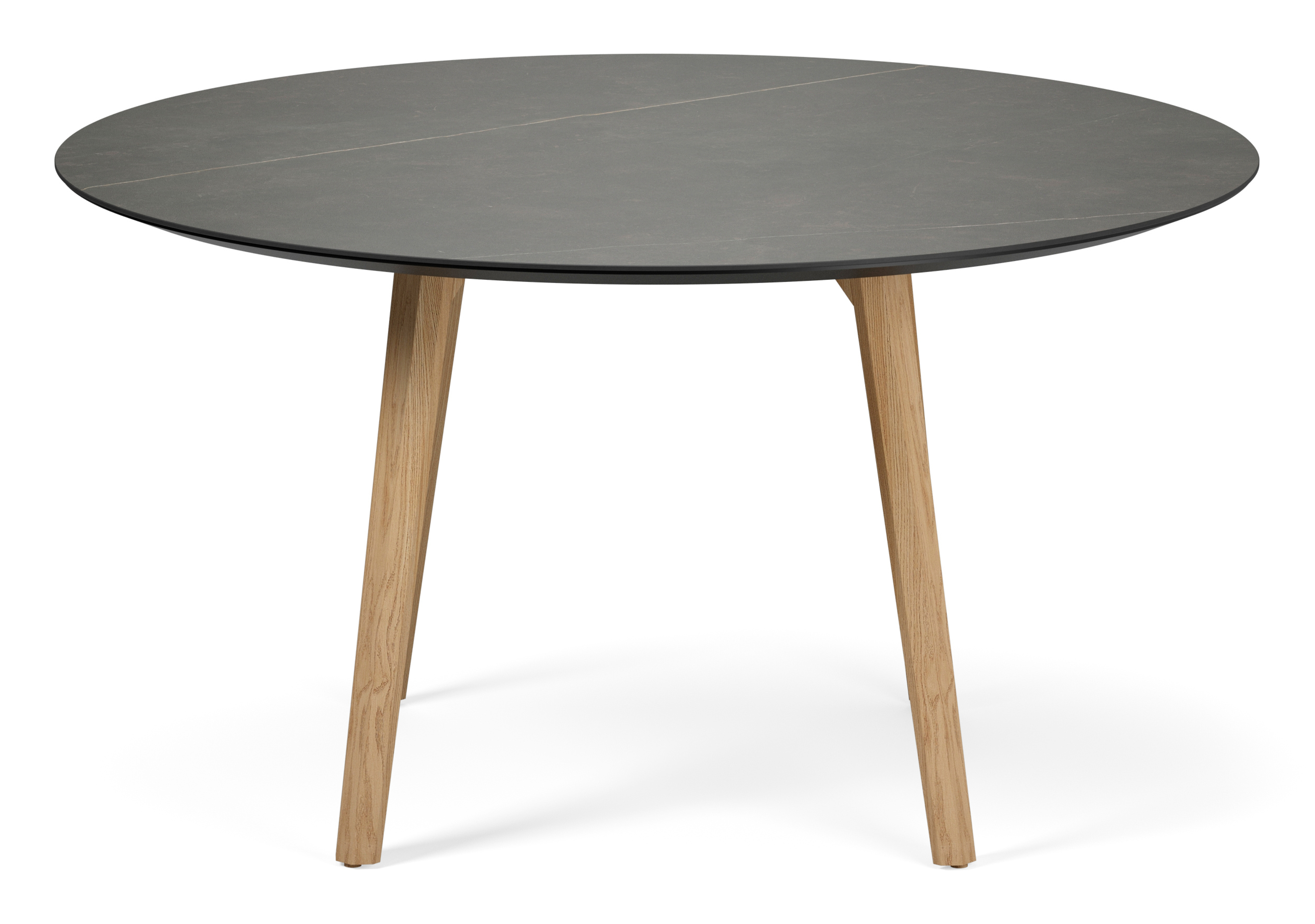 Table de salle à manger Clino armature en chêne couleur naturelle avec plateau Ceramo rond en céramique en couleur Calatorao Ø140 x 77 cm