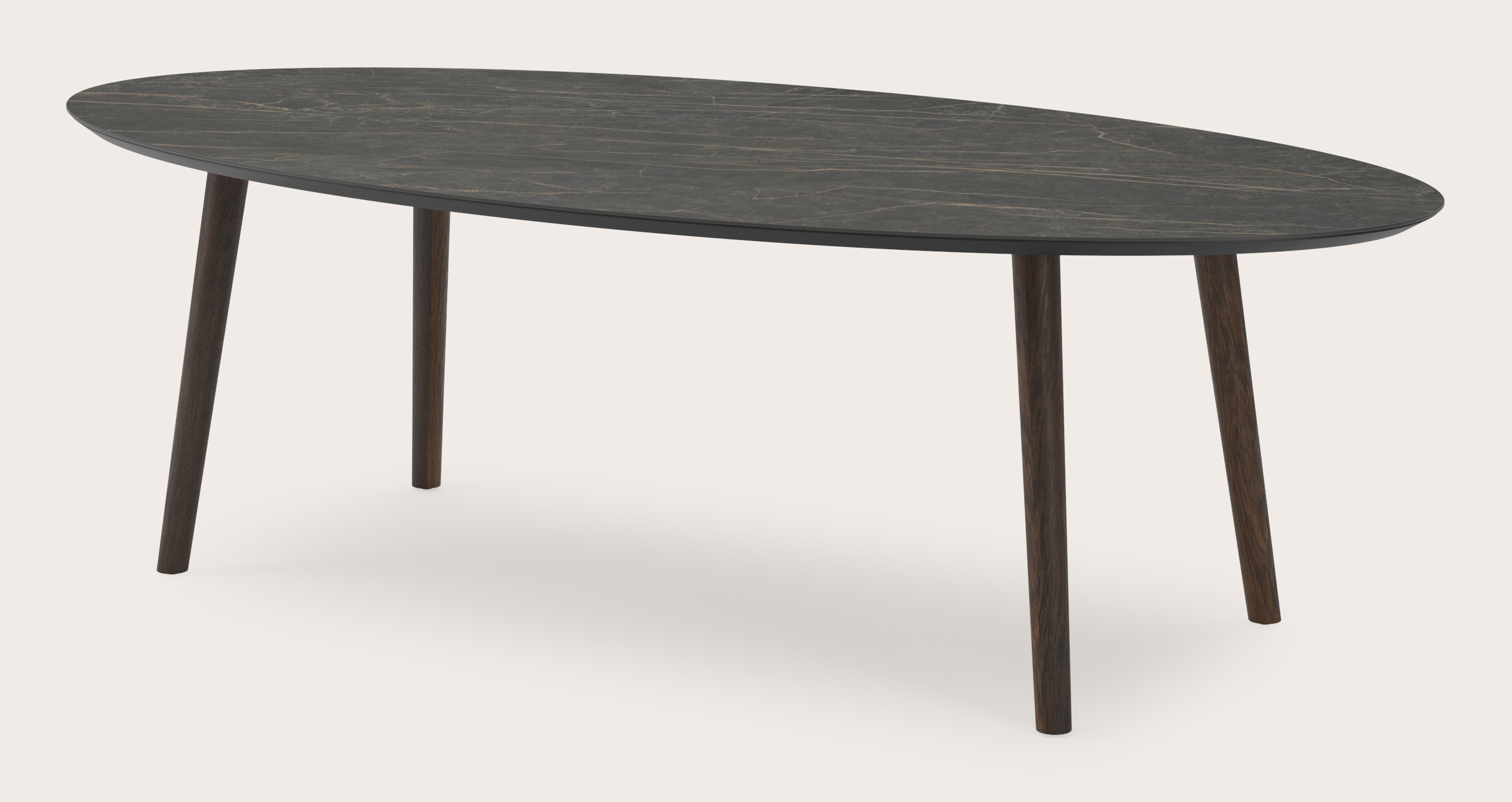 Table de salle à manger Conico armature en chêne fumé avec plateau Ceramo ovale en céramique en couleur Black Obsession 260 x 130 x 77 cm