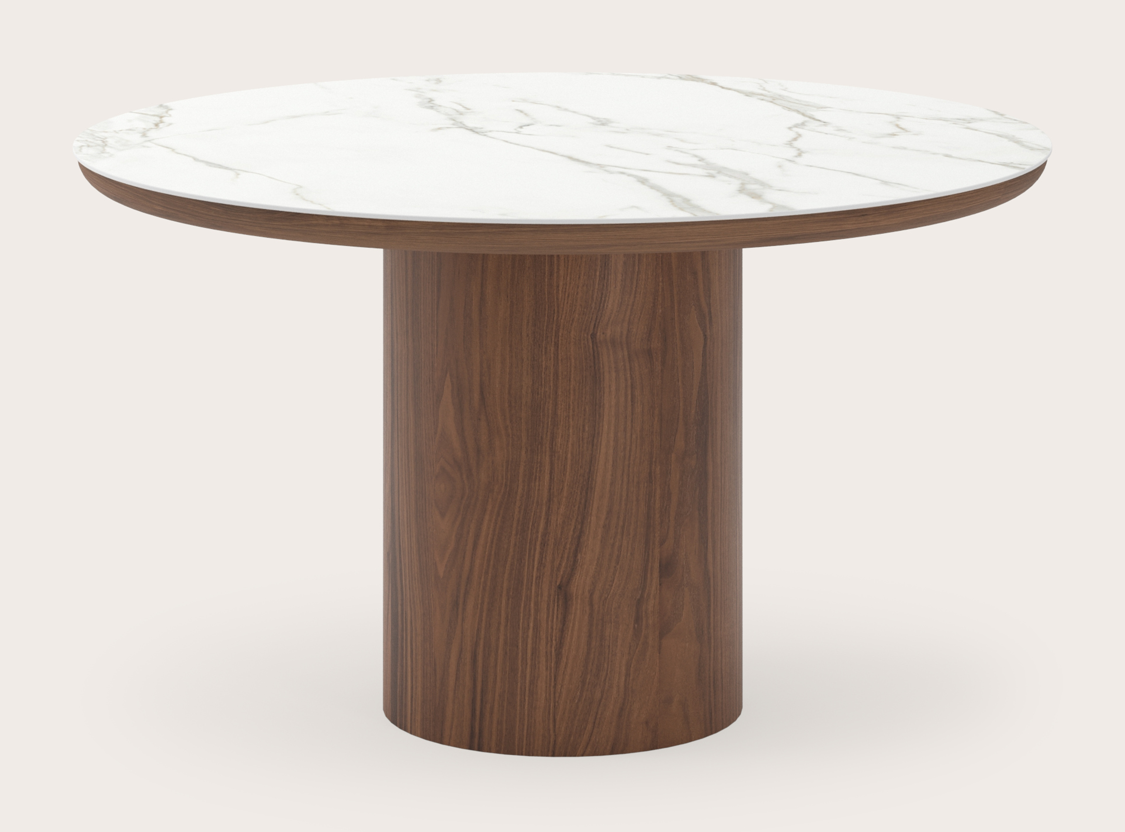 Eettafel Amato Rondo onderstel in walnoot met rond volkeramisch Ceramo blad in kleur Calacatta Ø130 x 76 cm