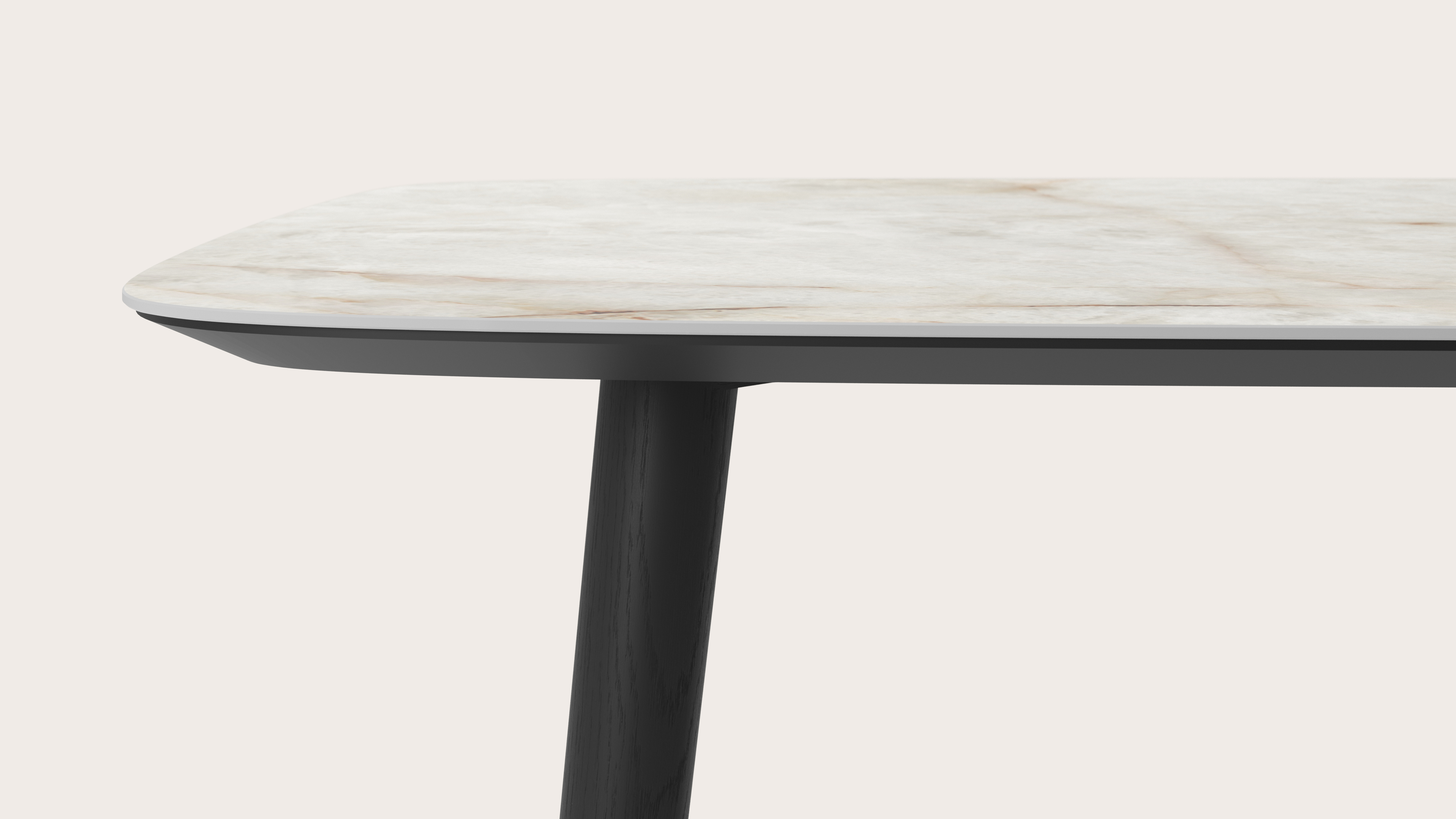 Table de salle à manger Conico armature en chêne noir avec plateau Ceramo forme arrondi en céramique en couleur Himalaya 180 x 100 x 77 cm
