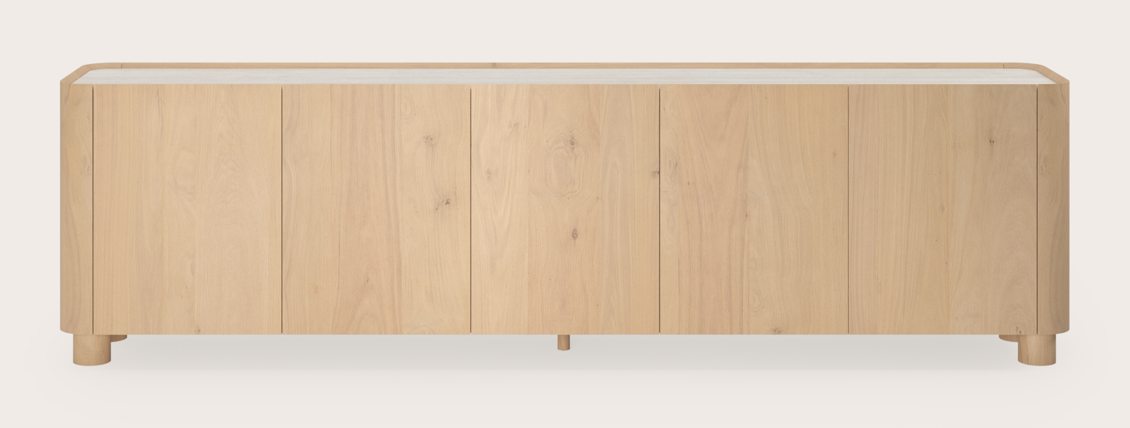 Curvato dressoir in natuurkleurige eik met ronde houten poten met volkeramisch Ceramo blad in kleur Travertino Bianco 269 x 45 x 76 cm