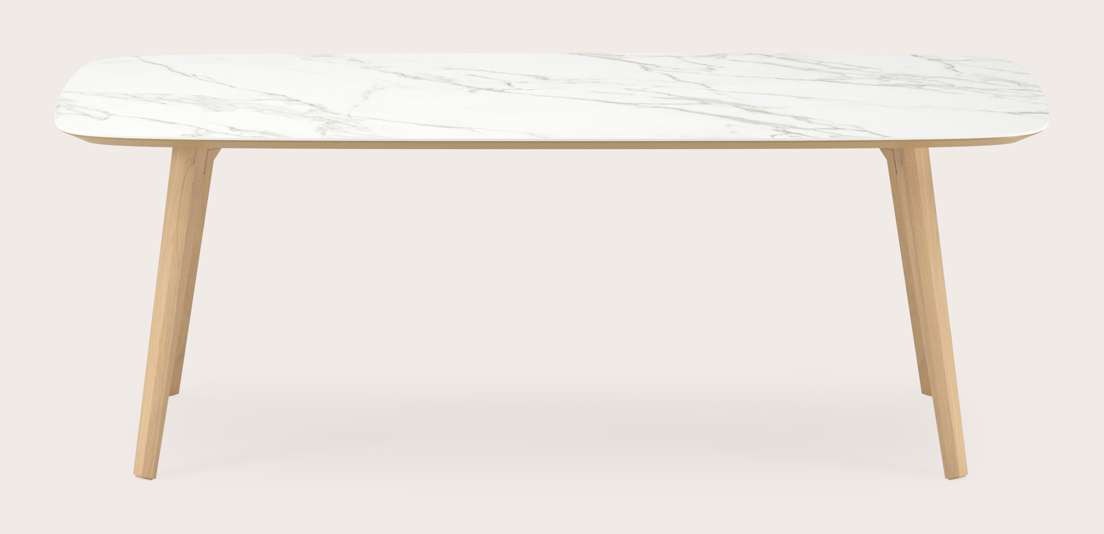 Table de salle à manger Clino armature en chêne couleur naturelle avec plateau Ceramo forme arrondi en céramique en couleur  Calacatta 220 x 105 x 77 cm