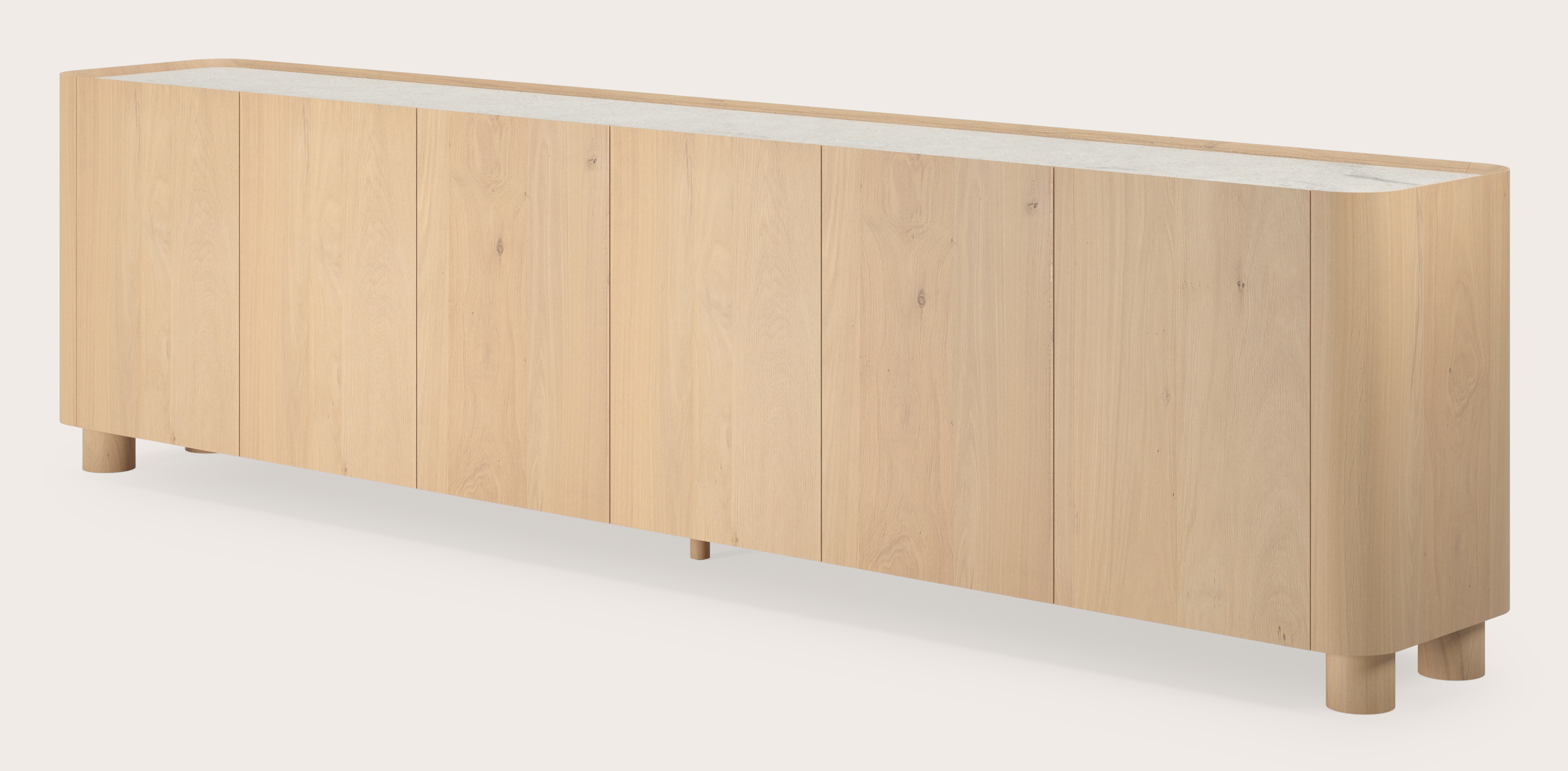 Buffet Curvato en chêne couleur naturelle avec pieds ronds en bois avec plateau Ceramo en céramique en couleur Shilin 294 x 45 x 76 cm