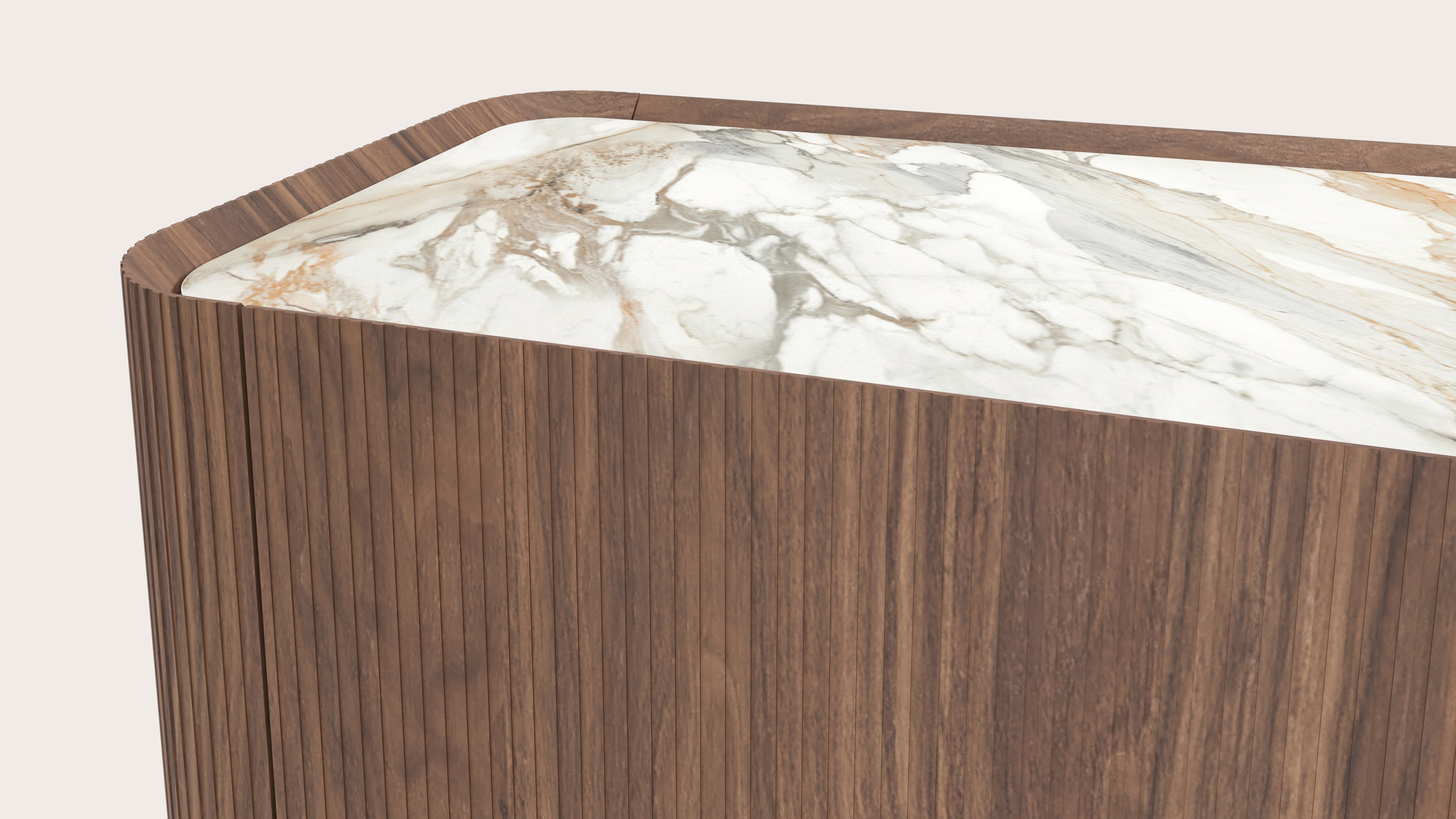 Buffet Grivato en noyer avec pieds ronds en bois avec plateau Ceramo en céramique en couleur Calacatta Luxe 249 x 45 x 76 cm