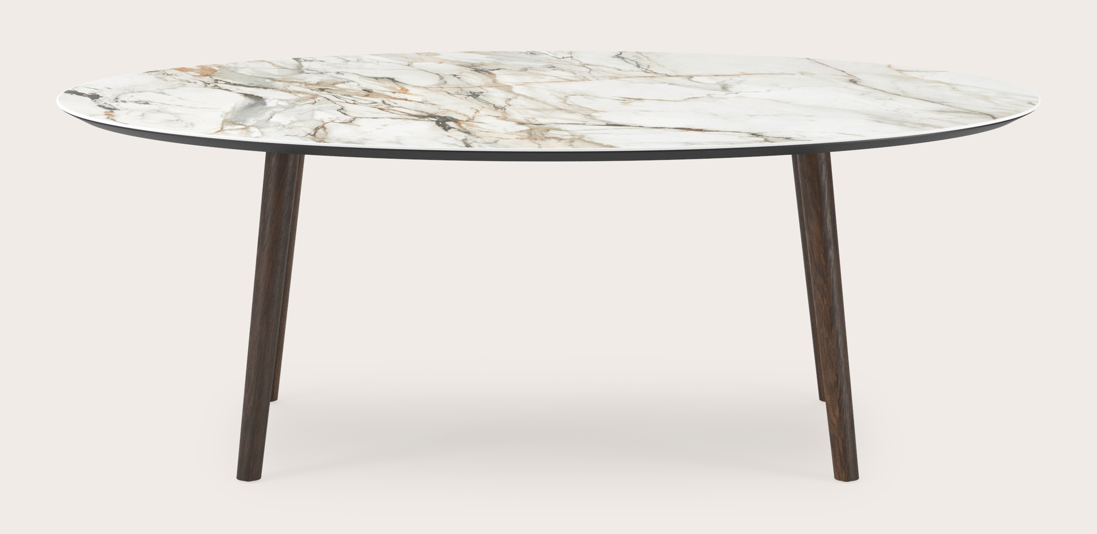 Eettafel Conico onderstel in gerookte eik met ovaal volkeramisch Ceramo blad in kleur Calacatta Luxe 220 x 120 x 77 cm