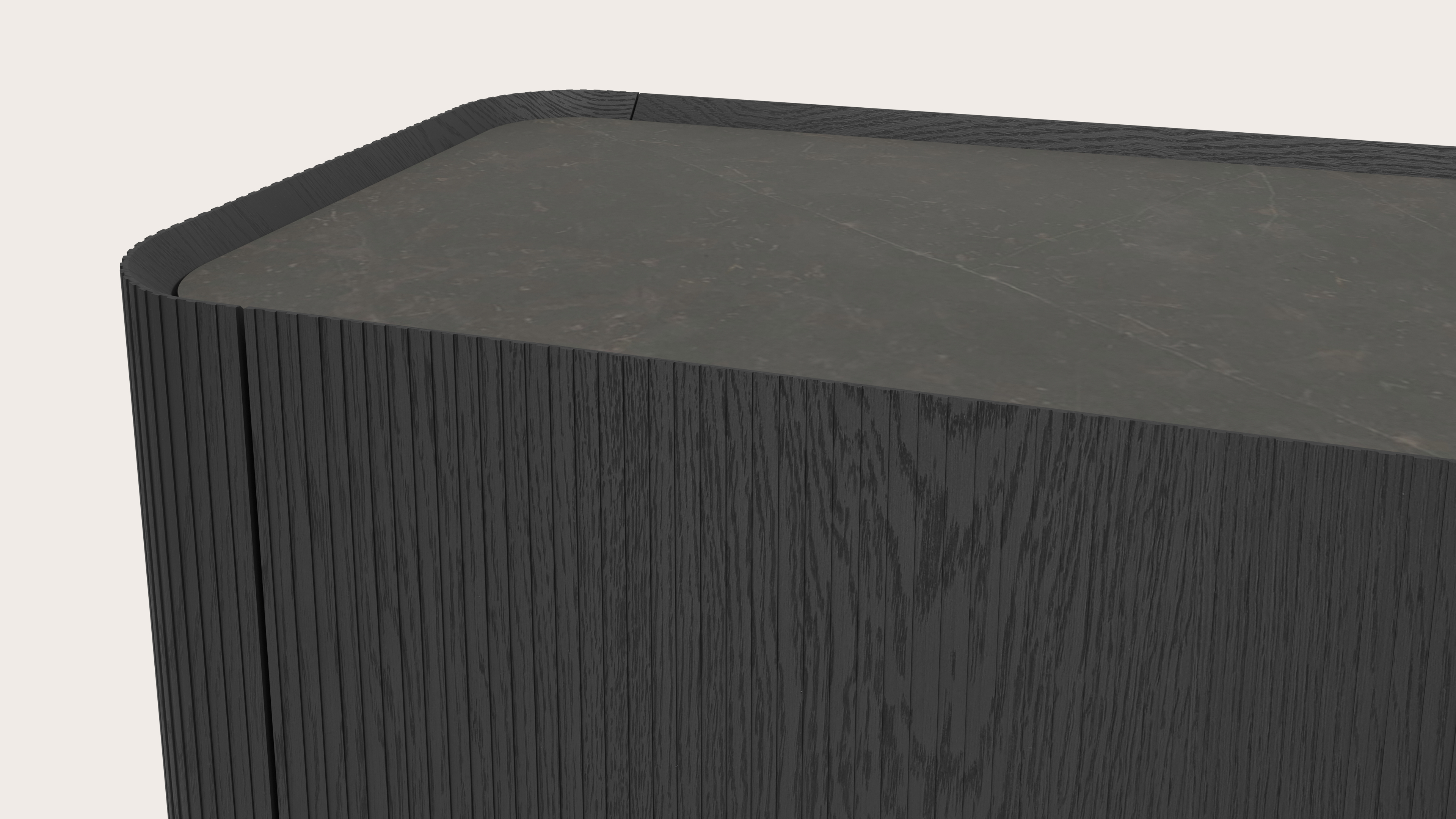 Grivato hoge dressoir in zwarte eik met ronde poten met volkeramisch Ceramo blad in kleur Calatorao 219 x 45 cm