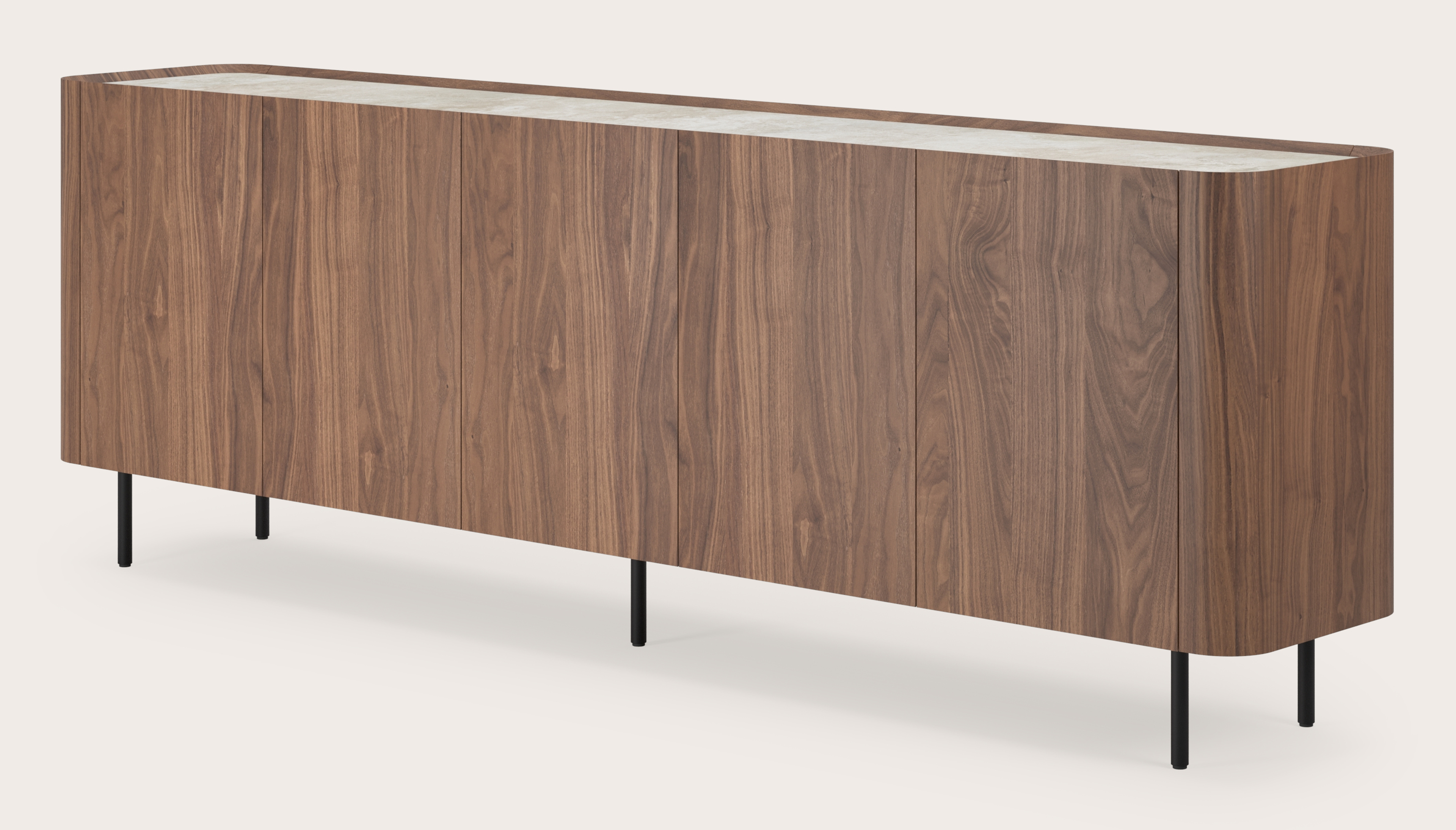 Buffet Curvato en noyer avec pieds ronds en métal avec plateau Ceramo en céramique en couleur Rapolano 249 x 45 x 84 cm