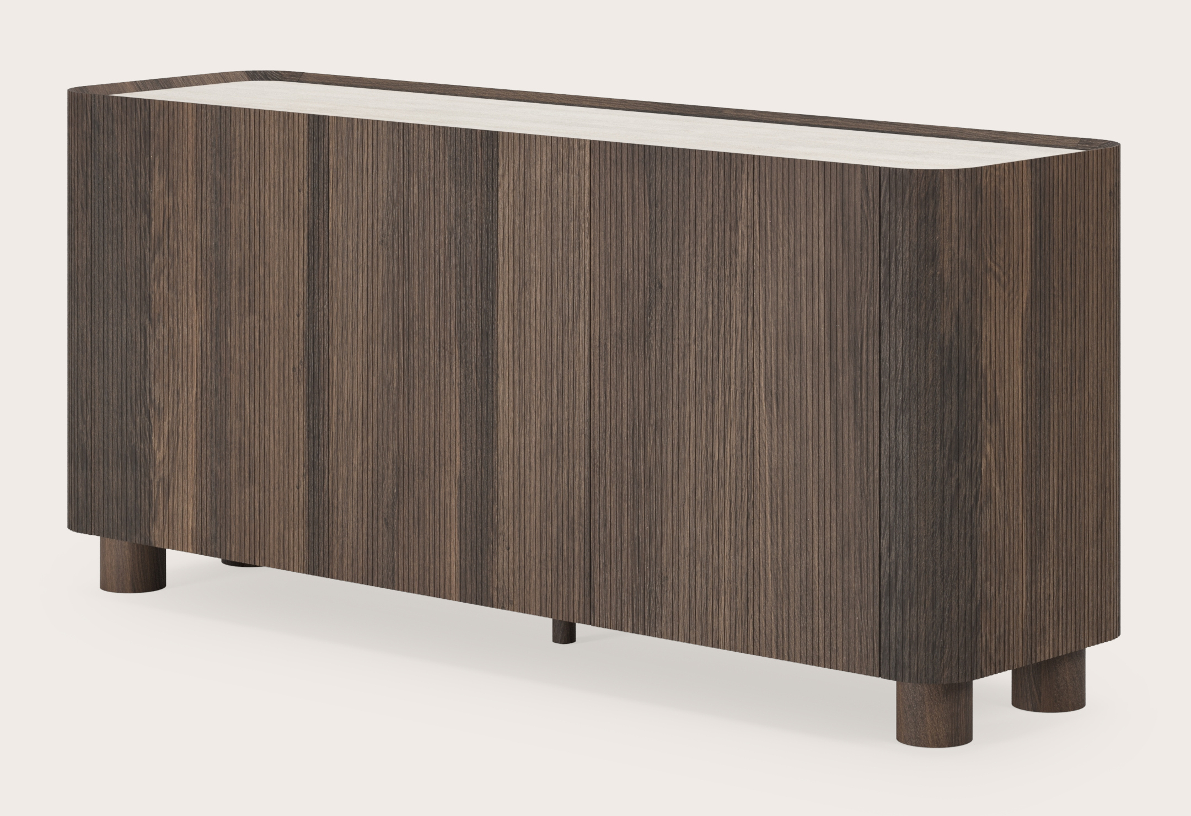 Buffet Grivato en chêne fumé avec pieds ronds avec plateau Ceramo rond en céramique en couleur Travertino Bianco 169 x 45 cm