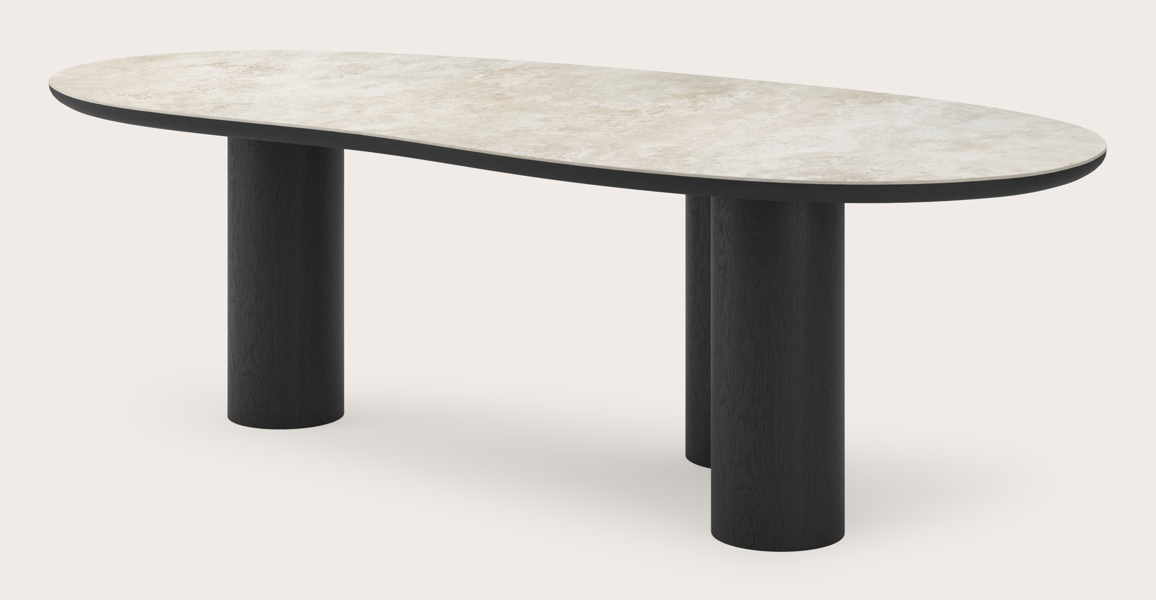Eettafel Amato Rondo onderstel in zwarte eik met Blobvormig volkeramisch Ceramo blad in kleur Rapolano 260 x 117 x 77 cm