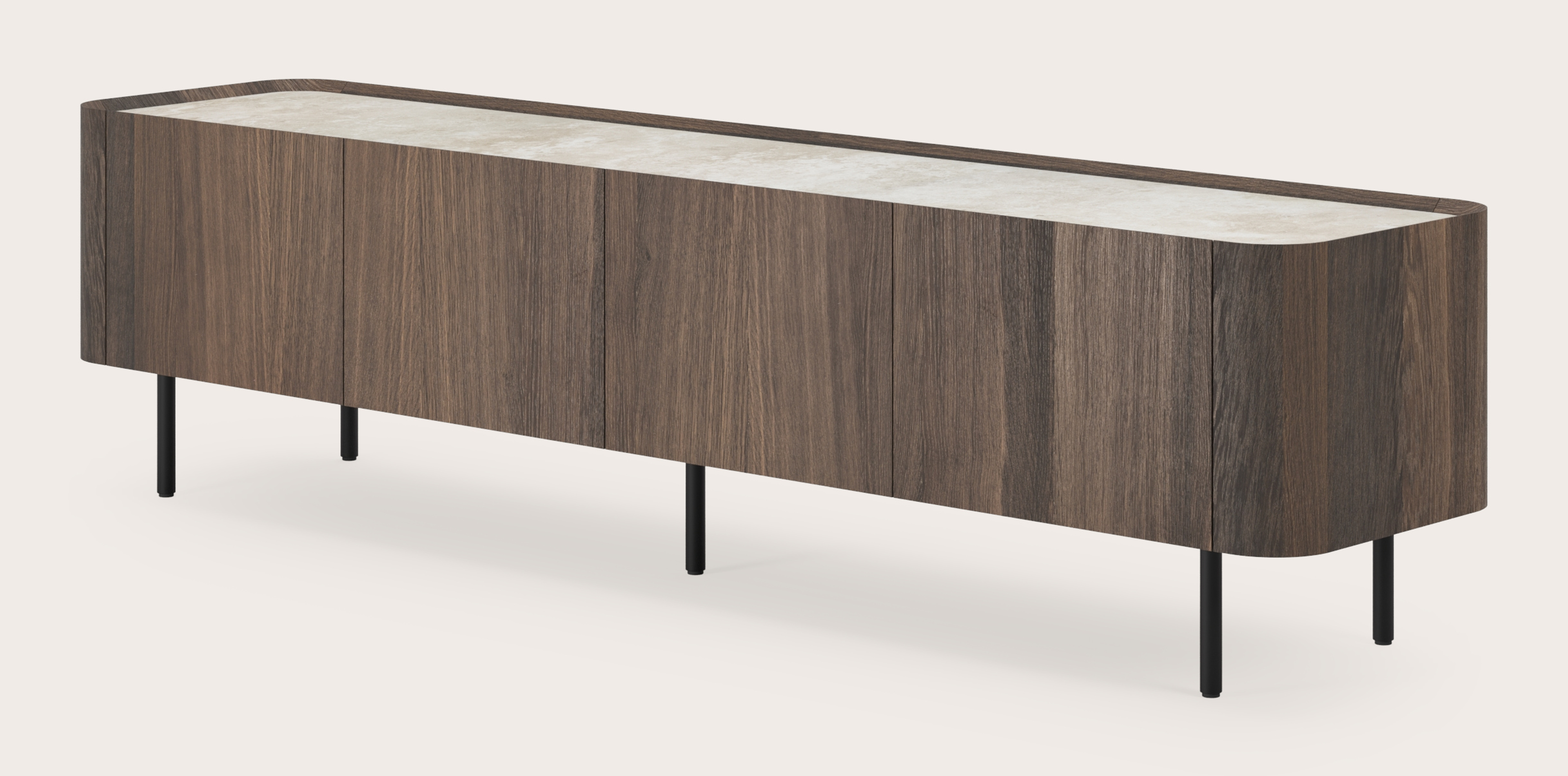 Meuble tv Curvato en chêne fumé avec pieds ronds en métal avec plateau Ceramo en céramique en couleur Rapolano 203 x 45 x 52 cm
