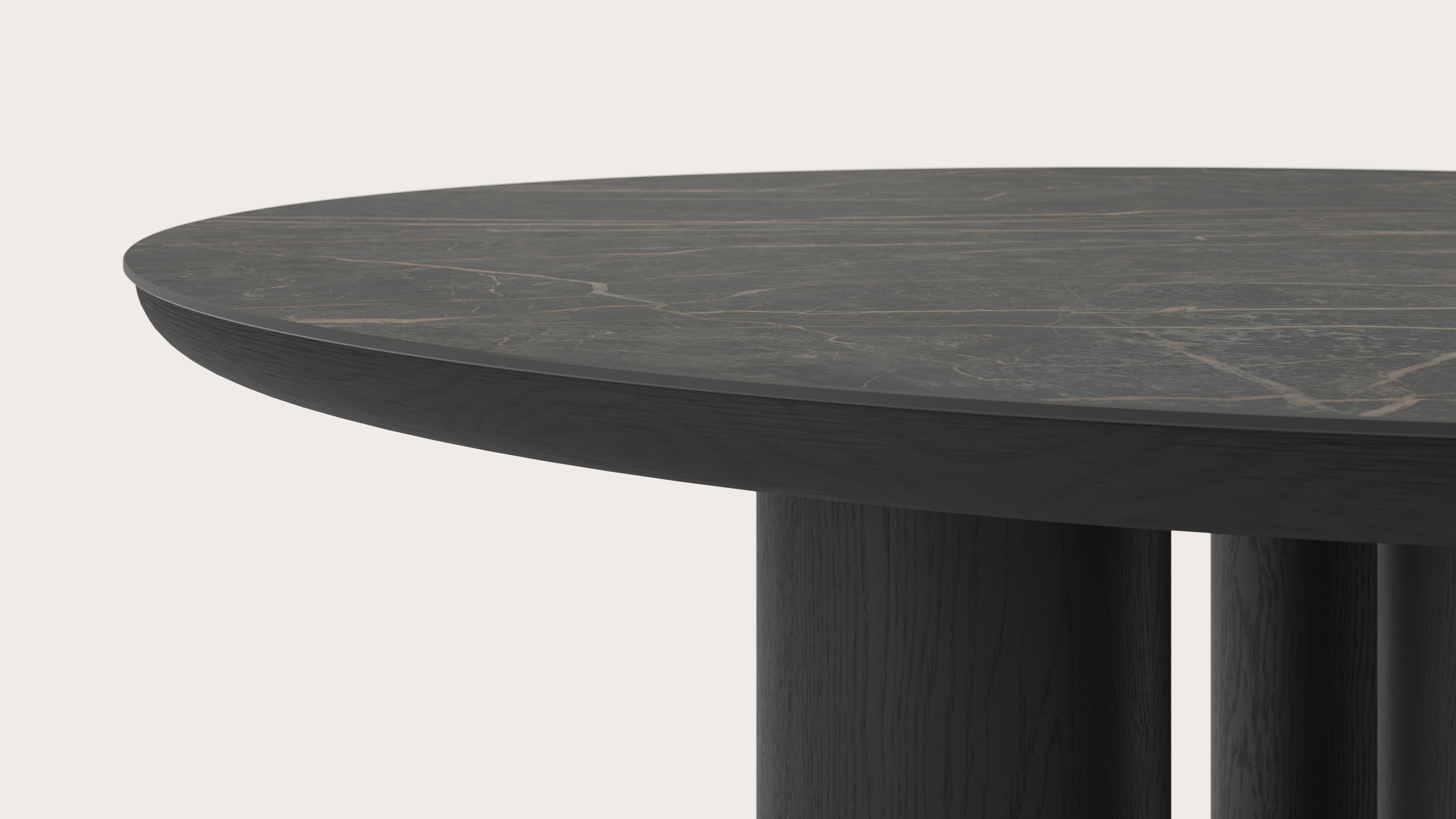 Table de salle à manger Amato Rondo armature en chêne noir avec plateau Ceramo rond en céramique en couleur Black Obsession Ø150 x 76 cm