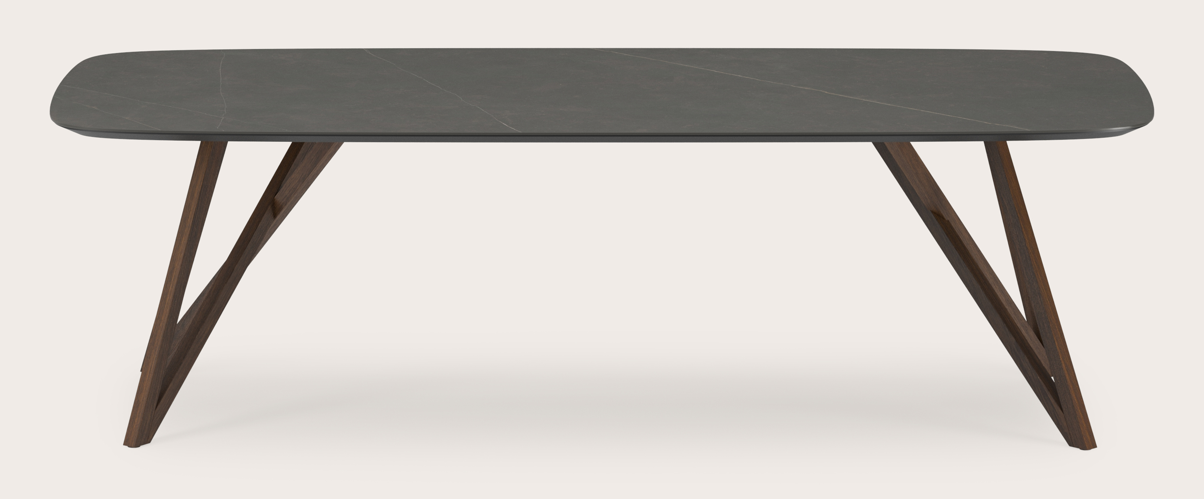 Table de salle à manger Ragno armature en chêne fumé avec plateau Ceramo forme arrondie en céramique en couleur Calatorao 260 x 110 x 77 cm