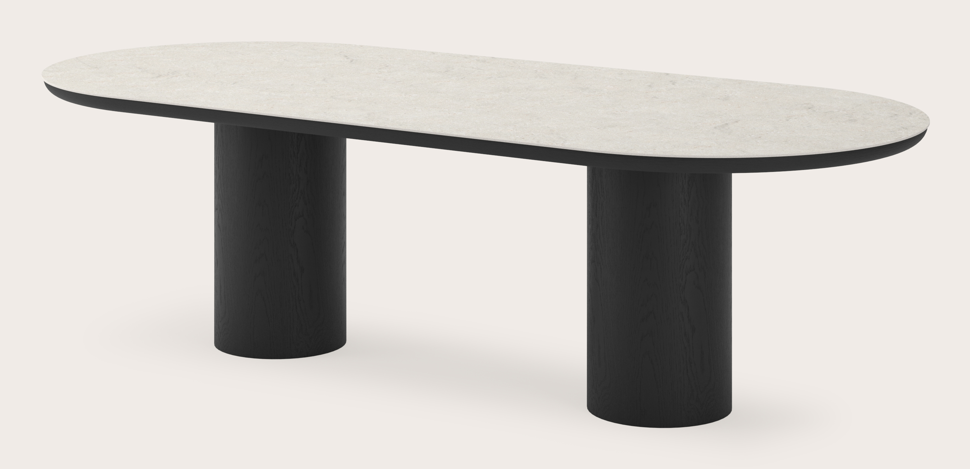 Eettafel Amato Rondo onderstel in zwarte eik met plat ovaal volkeramisch Ceramo blad in kleur Shilin 260 x 115 x 76 cm
