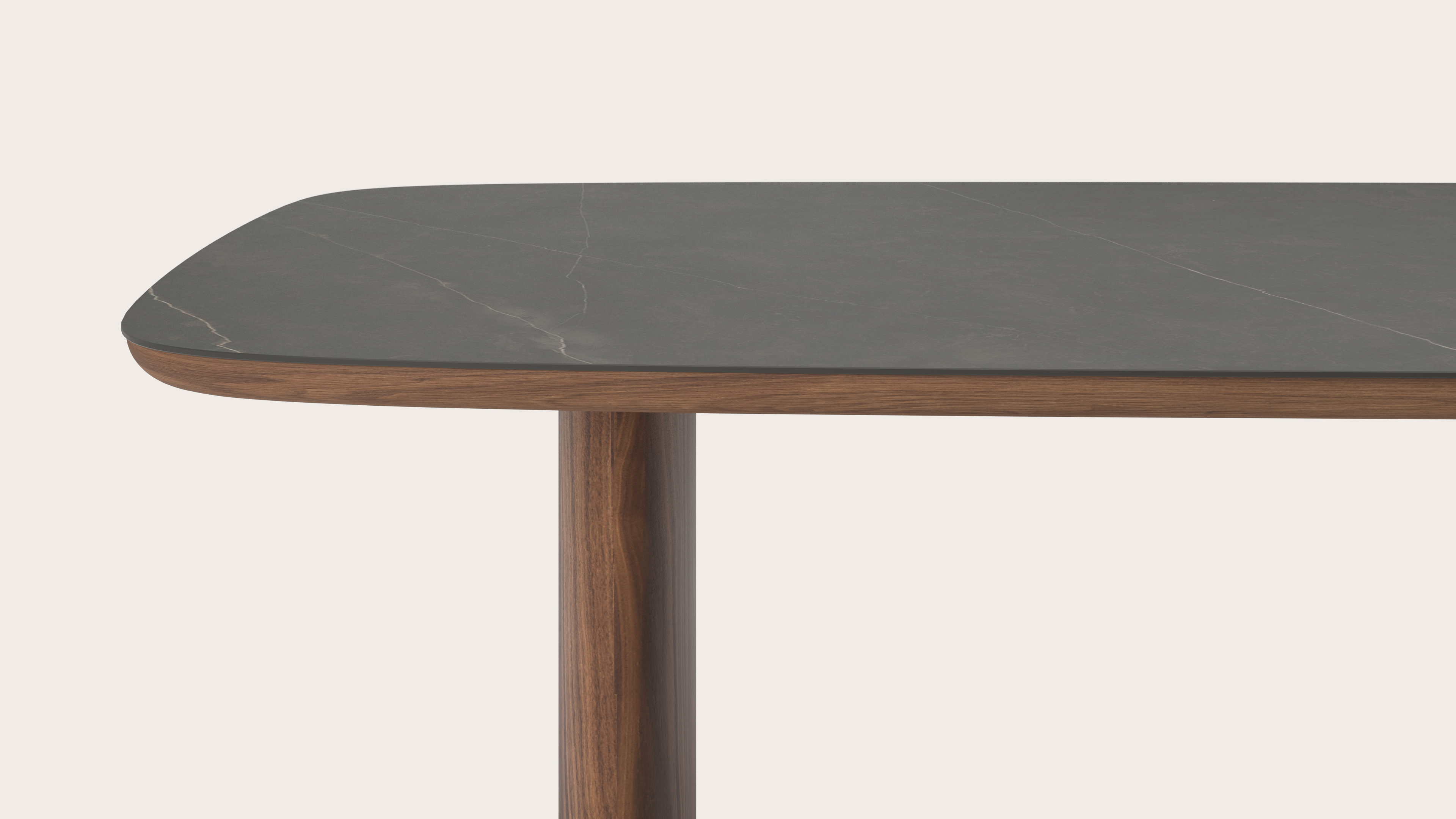 Eettafel Amato Ellipso onderstel in walnoot met bootvormig volkeramisch Ceramo blad in kleur Calatorao 300 x 115 x 76 cm