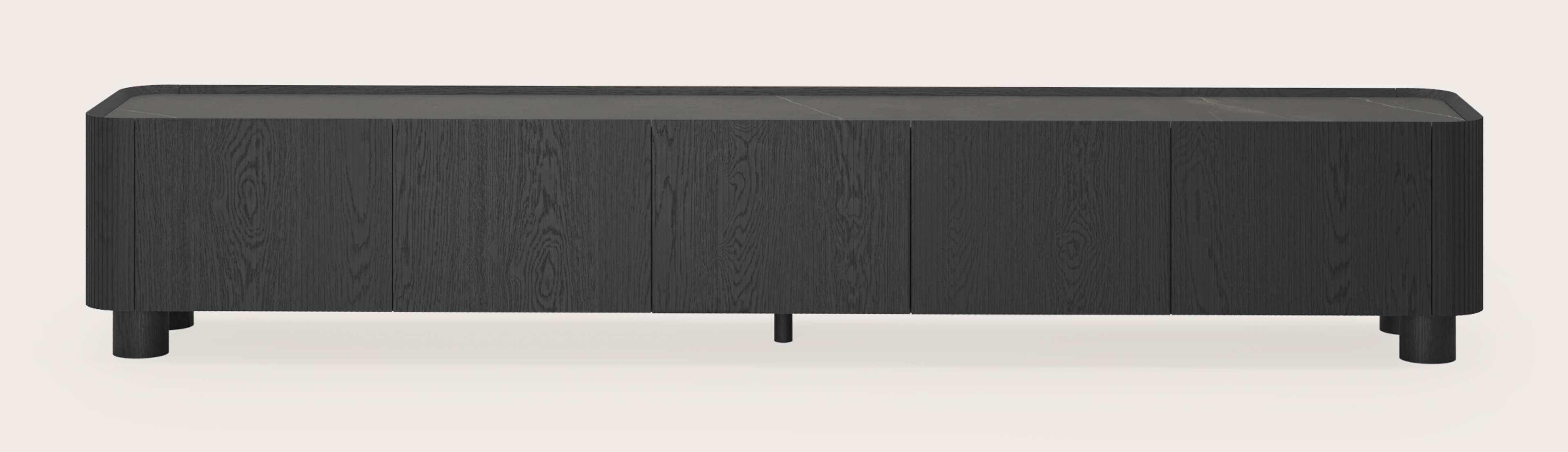 Grivato tv-meubel in zwarte eik met ronde poten met volkeramisch Ceramo blad in kleur Calatorao 249 x 45 cm