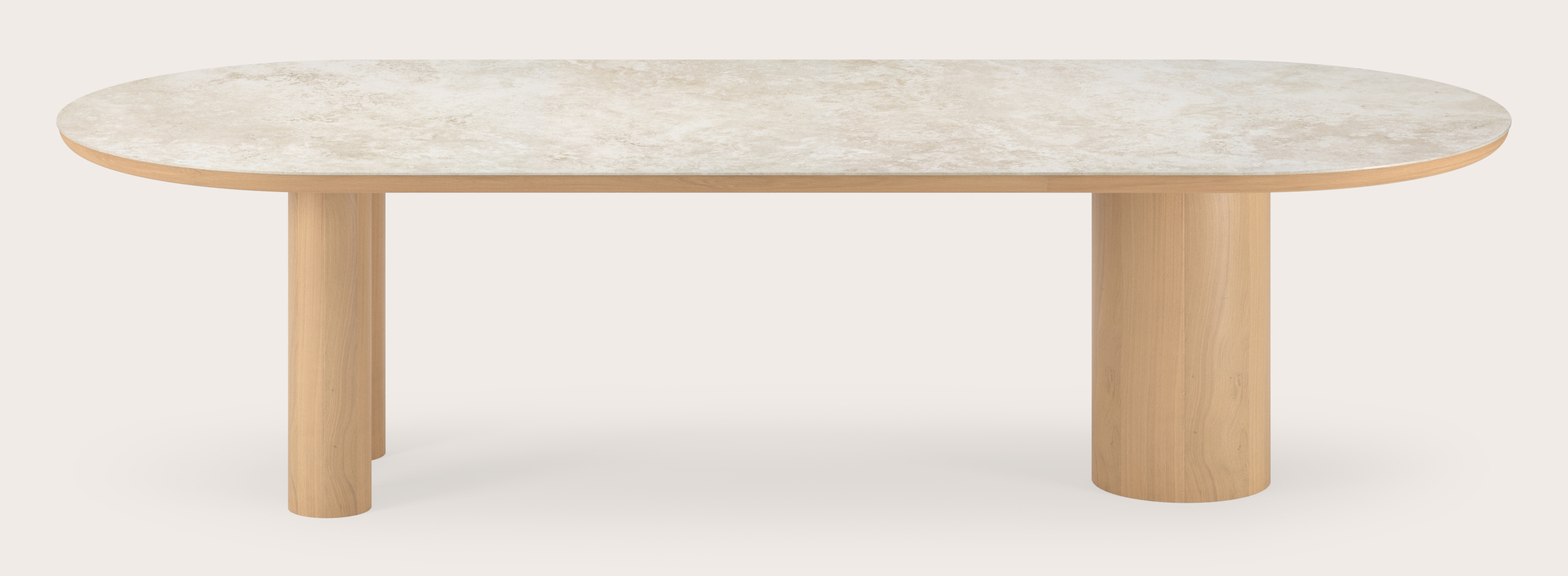 Eettafel Amato Rondo onderstel in natuurkleurige eik met plat ovaal volkeramisch Ceramo blad in kleur Rapolano 300 x 120 x 76 cm