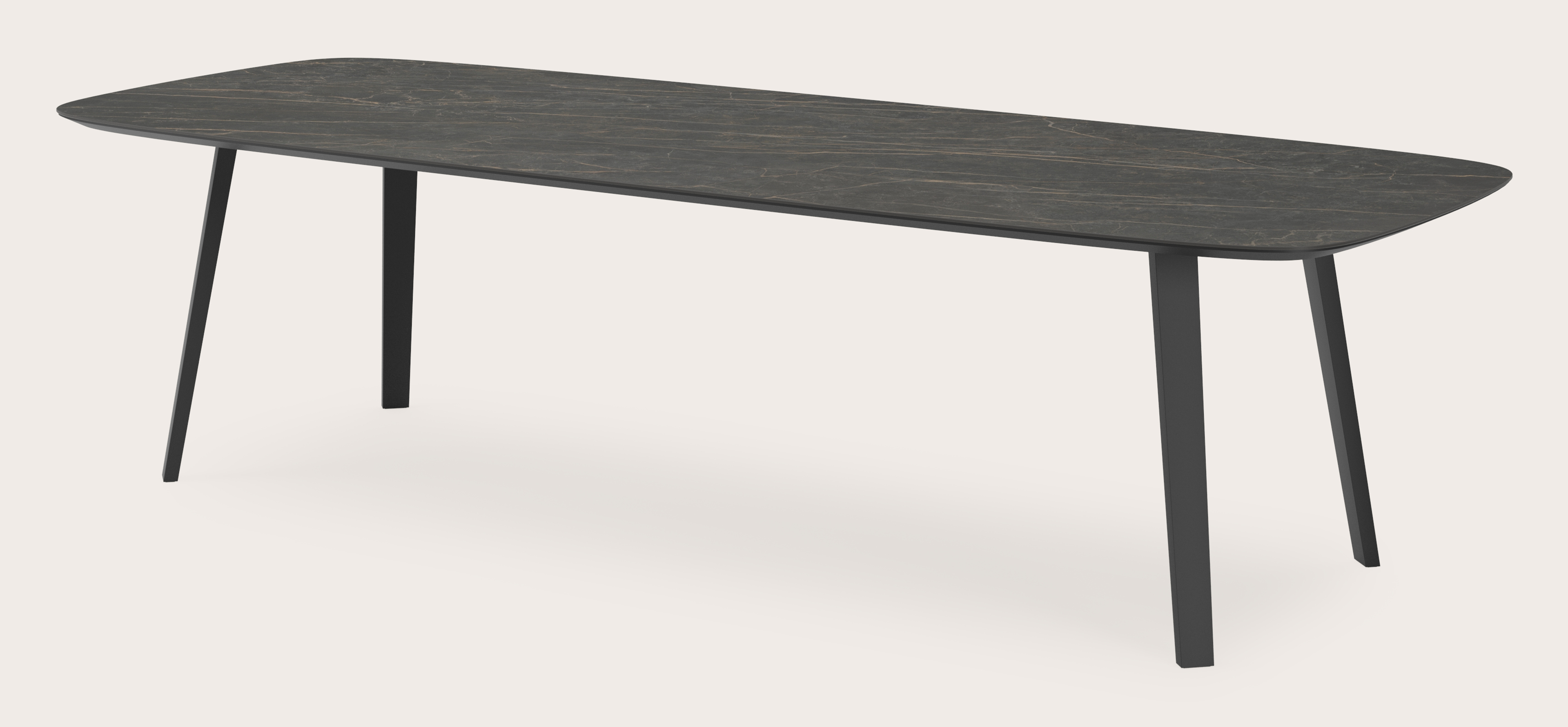 Table de salle à manger Clino armature en métal noir avec plateau Ceramo forme arrondi en céramique en couleur Black Obsession 300 x 115 x 77 cm
