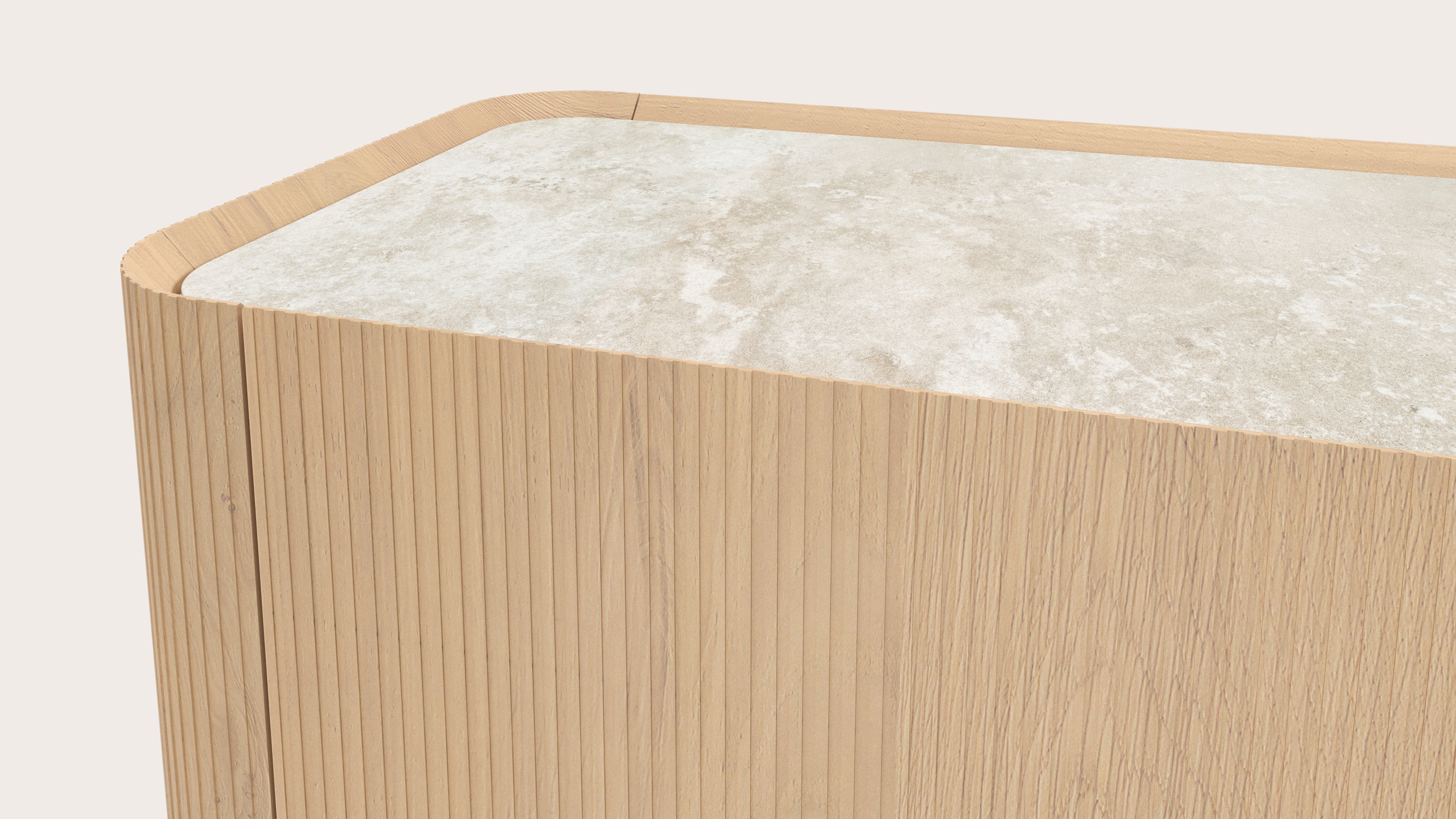 Grivato dressoir in natuurkleurige eik met ronde poten met volkeramisch Ceramo blad in kleur Rapolano 249 x 45 cm