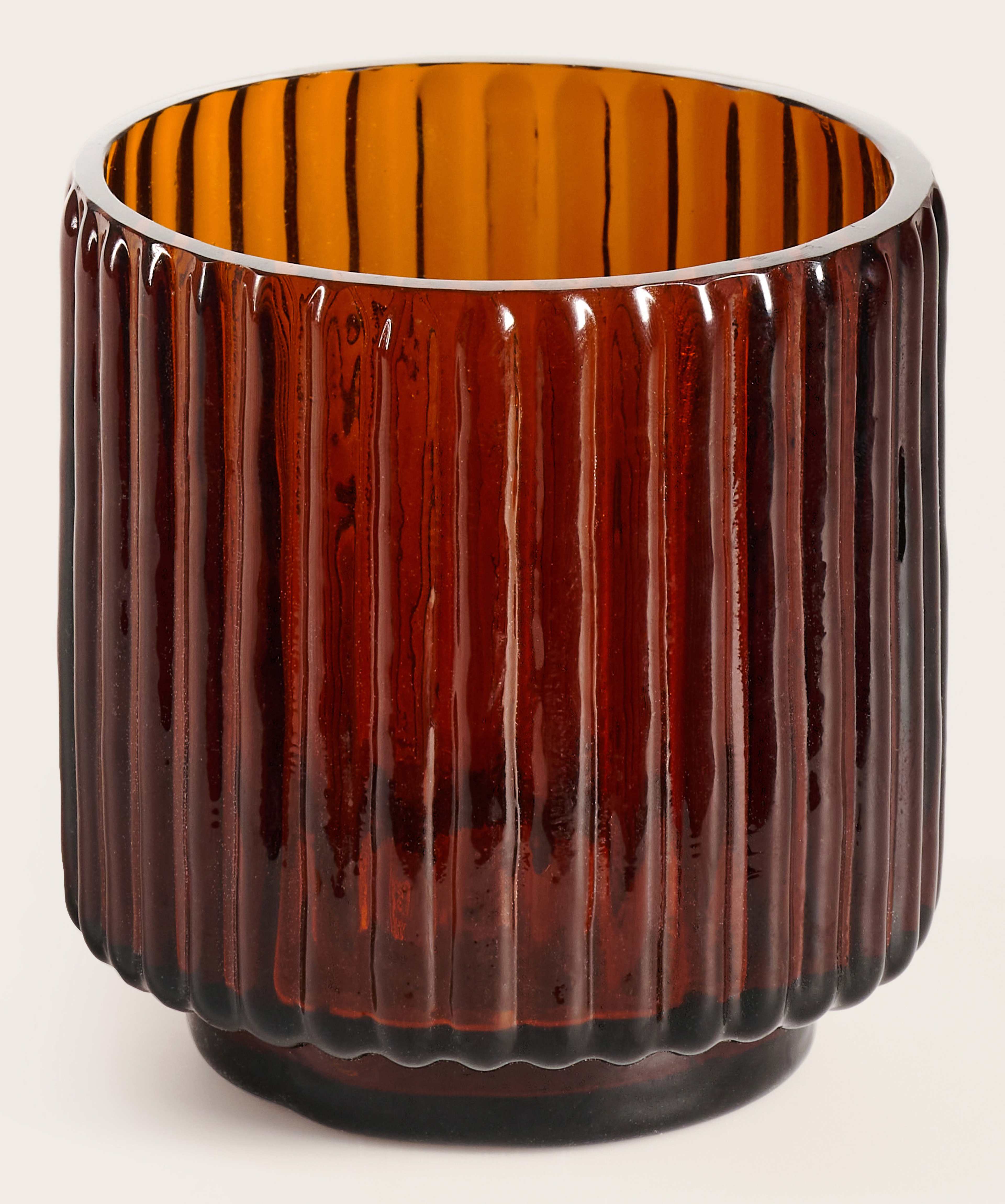 Tribeca theelicht geribbeld glas Brown Ø11xH12cm