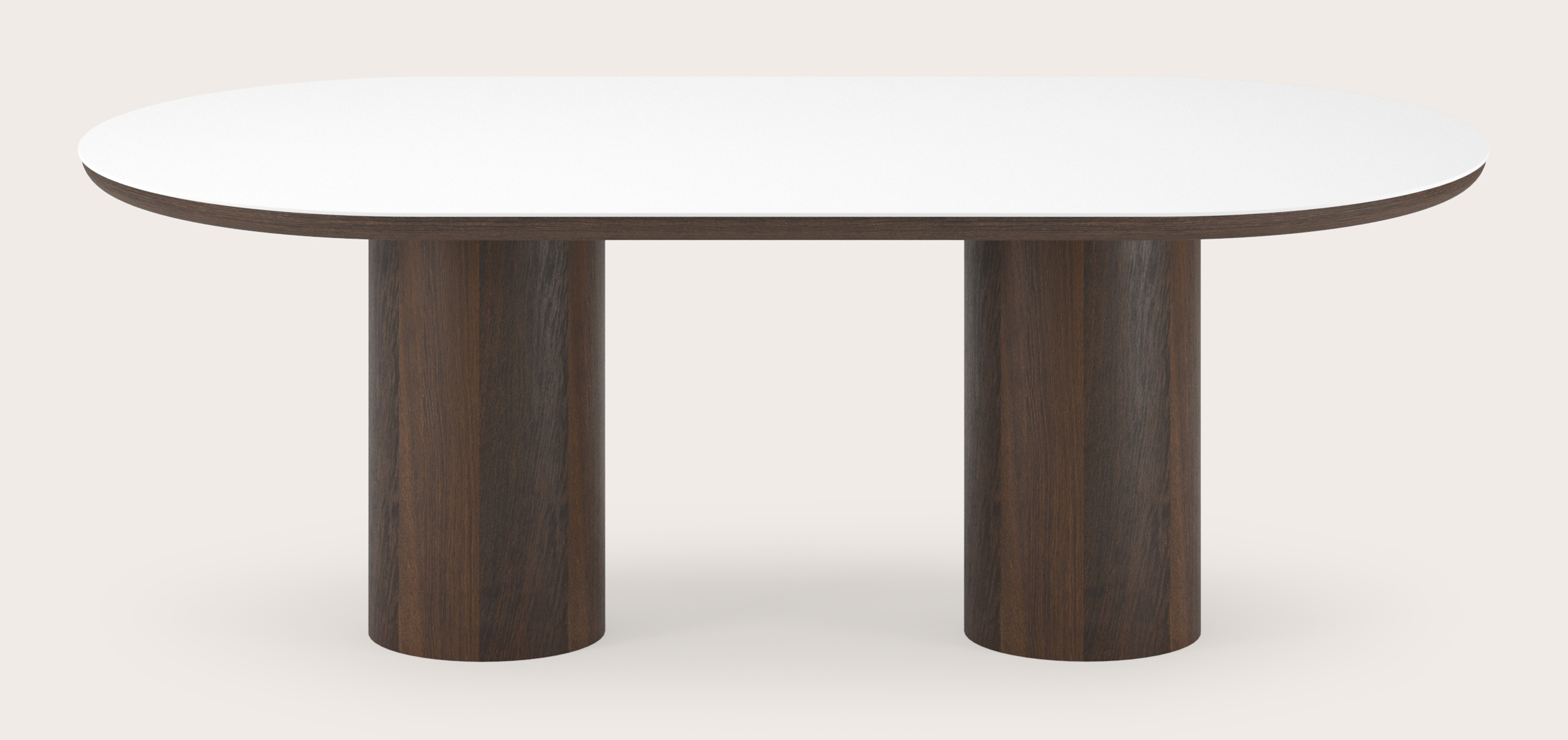 Eettafel Amato Rondo onderstel in gerookte eik met plat ovaal volkeramisch Ceramo blad in kleur Arctic White 220 x 110 x 76 cm