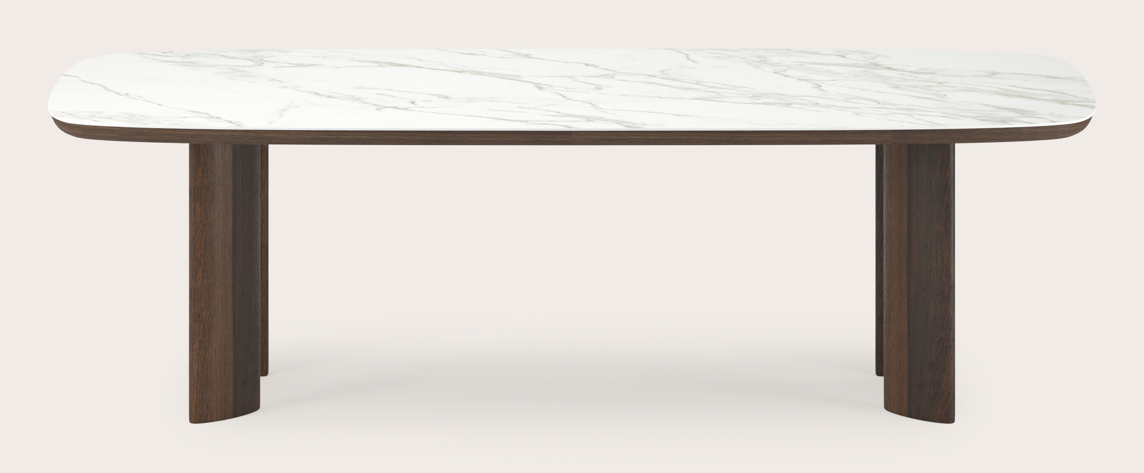 Eettafel Amato Ellipso onderstel in gerookte eik met bootvormig volkeramisch Ceramo blad in kleur Calacatta 260 x 110 x 76 cm