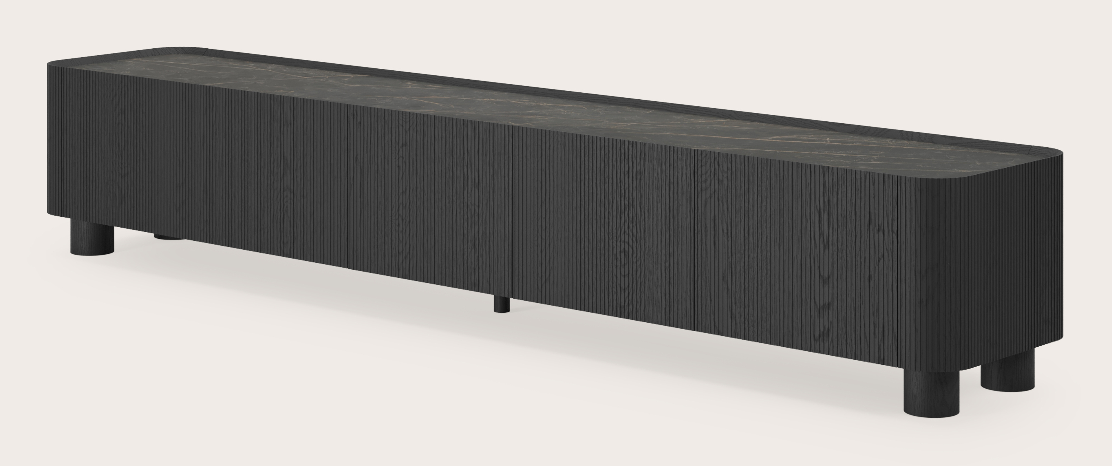 Meuble tv Grivato en chêne noir avec pieds ronds avec plateau Ceramo rond en céramique en couleur Black Obsession 249 x 45 cm