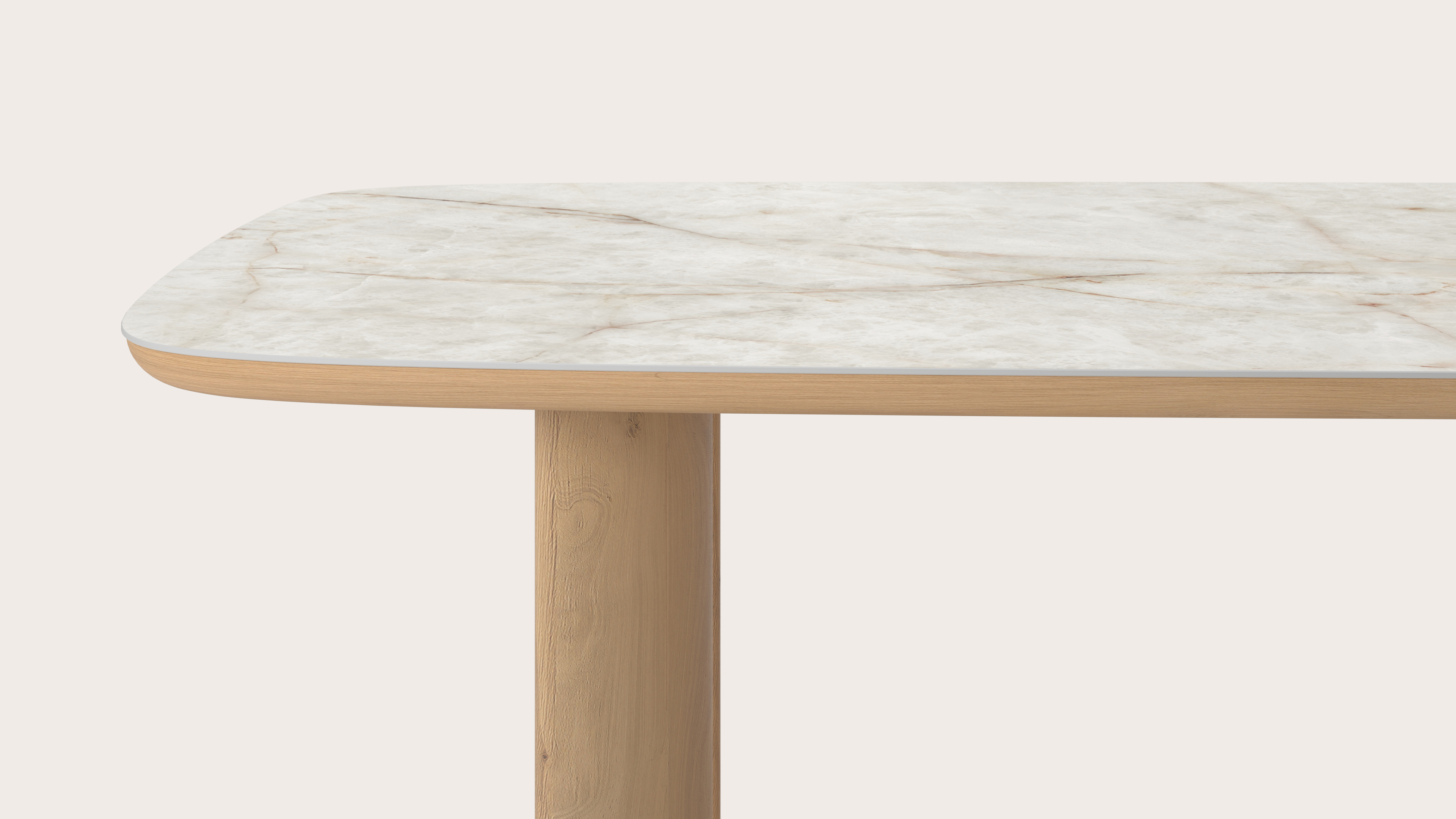 Eettafel Amato Ellipso onderstel in natuurkleurige eik met bootvormig volkeramisch Ceramo blad in kleur Himalaya 300 x 115 x 76 cm