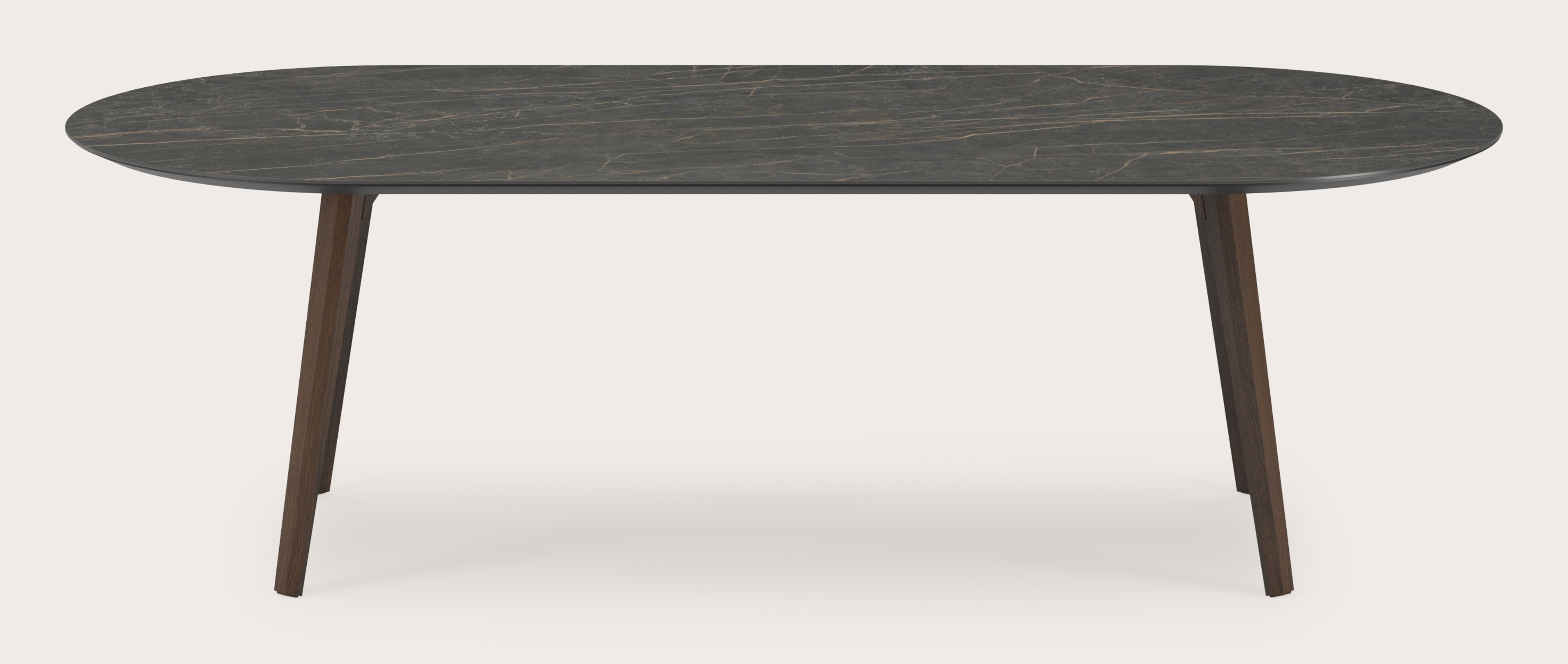 Eettafel Clino onderstel in gerookte eik met plat ovaal volkeramisch Ceramo blad in kleur Black Obsession 260 x 115 x 77 cm