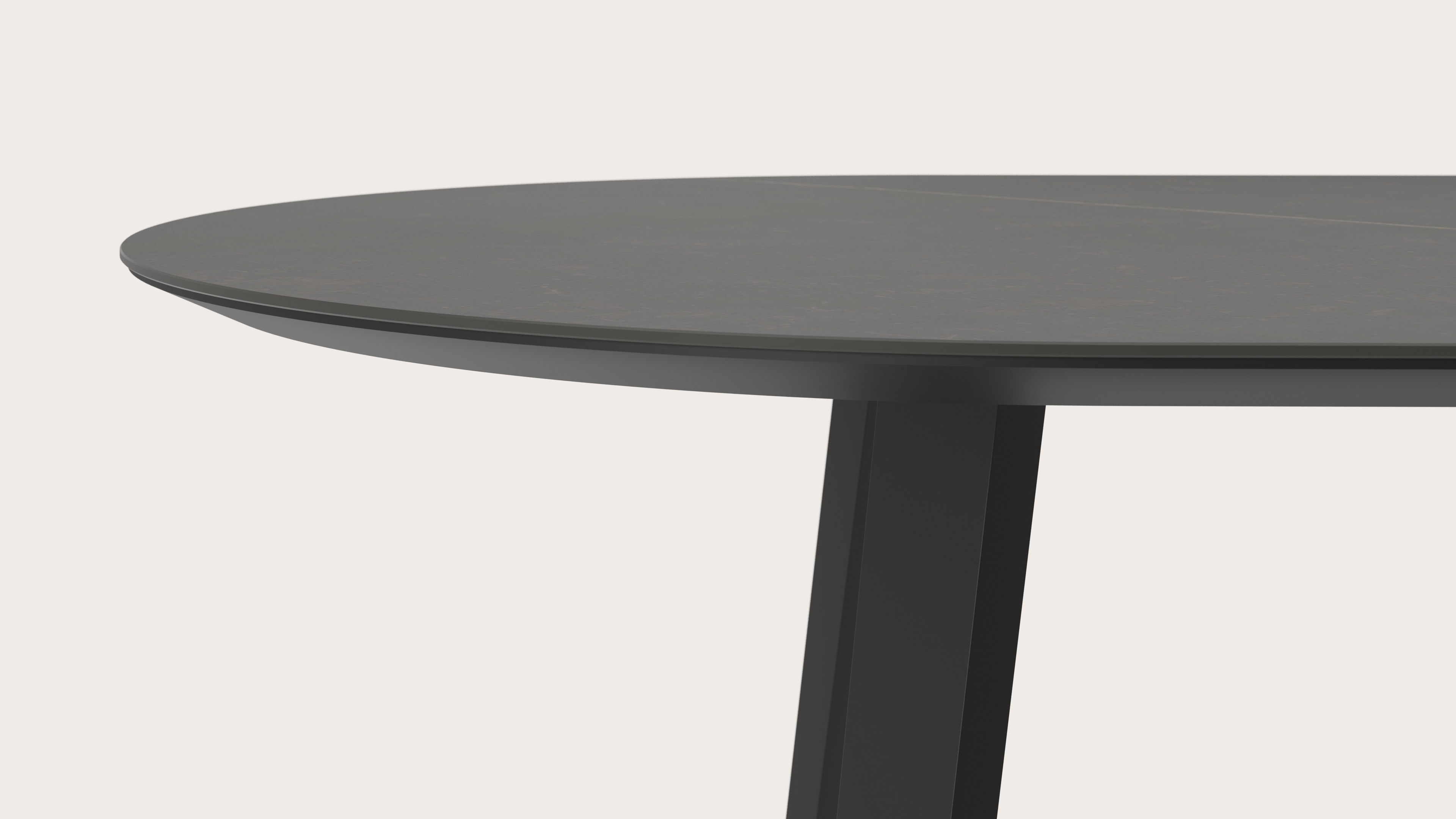 Eettafel Clino onderstel in zwart metaal met plat ovaal volkeramisch Ceramo blad in kleur Calatorao 220 x 110 x 77 cm