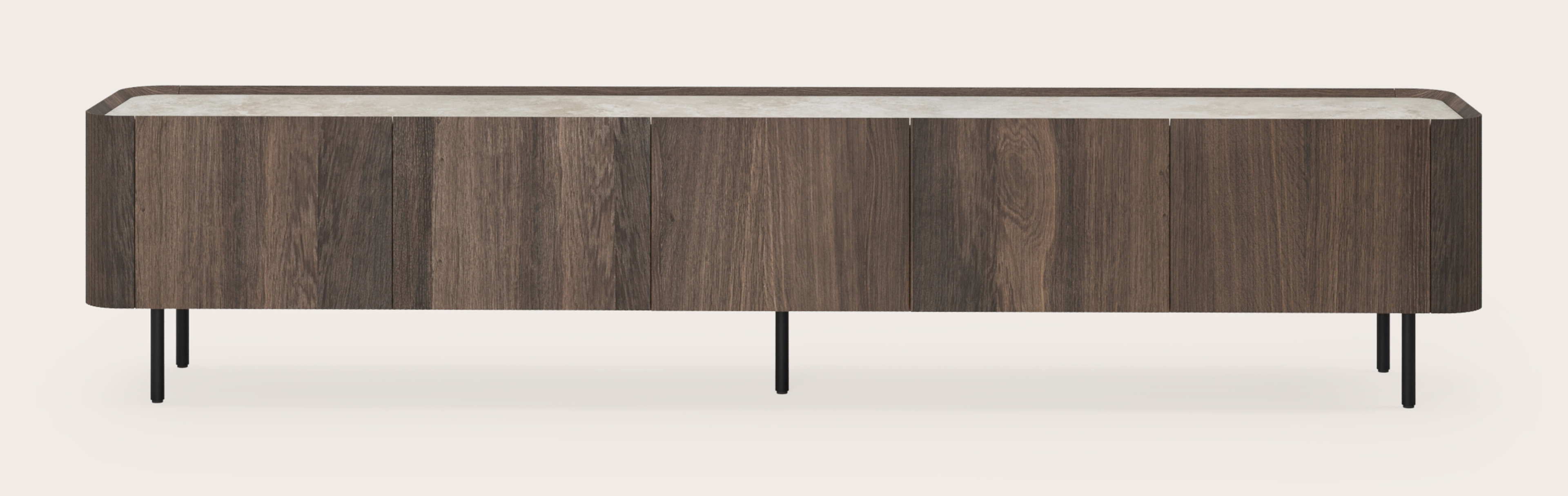 Meuble tv Grivato en chêne fumé avec pieds ronds avec plateau Ceramo rond en céramique en couleur Rapolano 249 x 45 cm