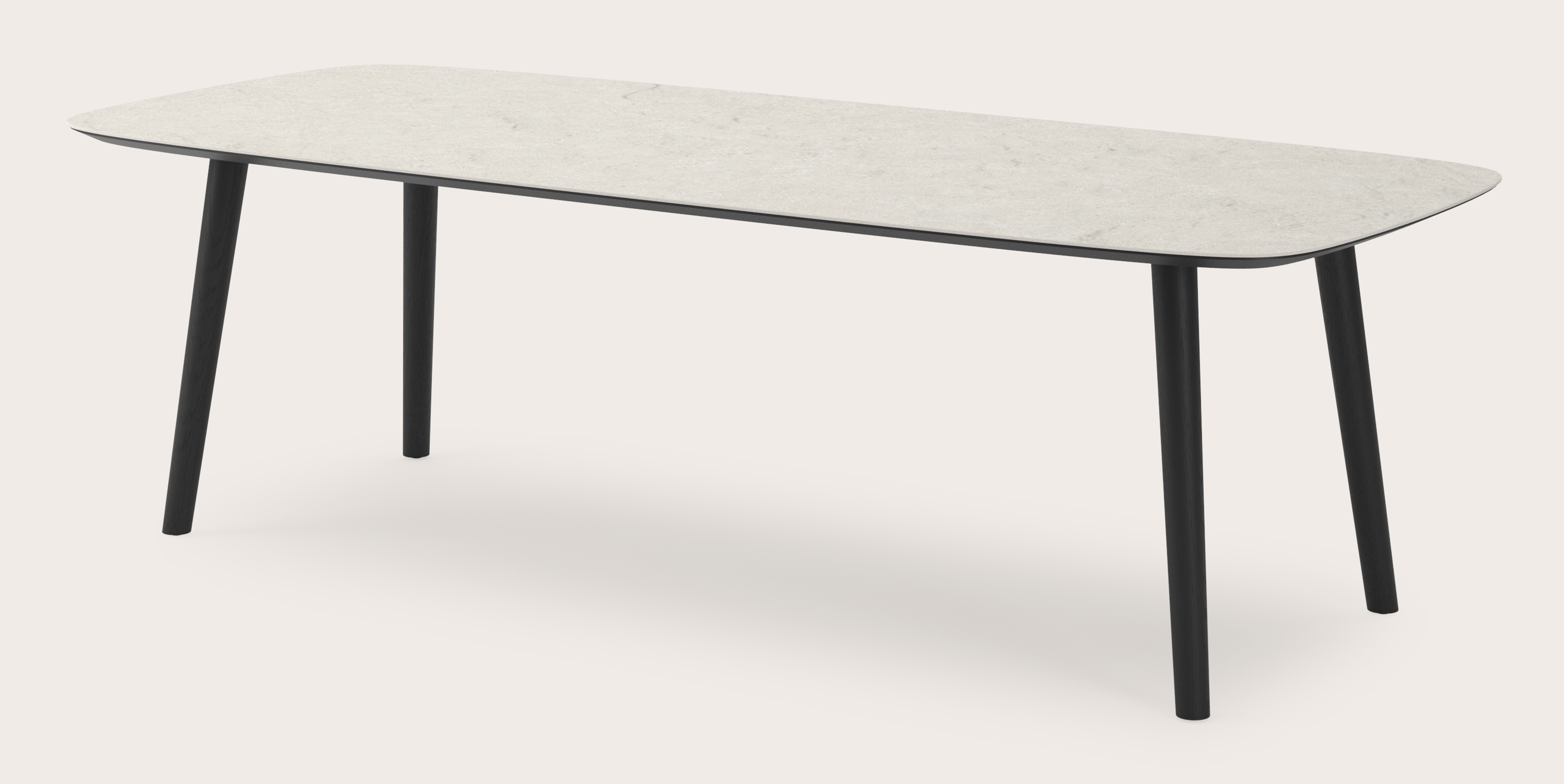 Table de salle à manger Conico armature en chêne noir avec plateau Ceramo forme arrondi en céramique en couleur Shilin 260 x 110 x 77 cm