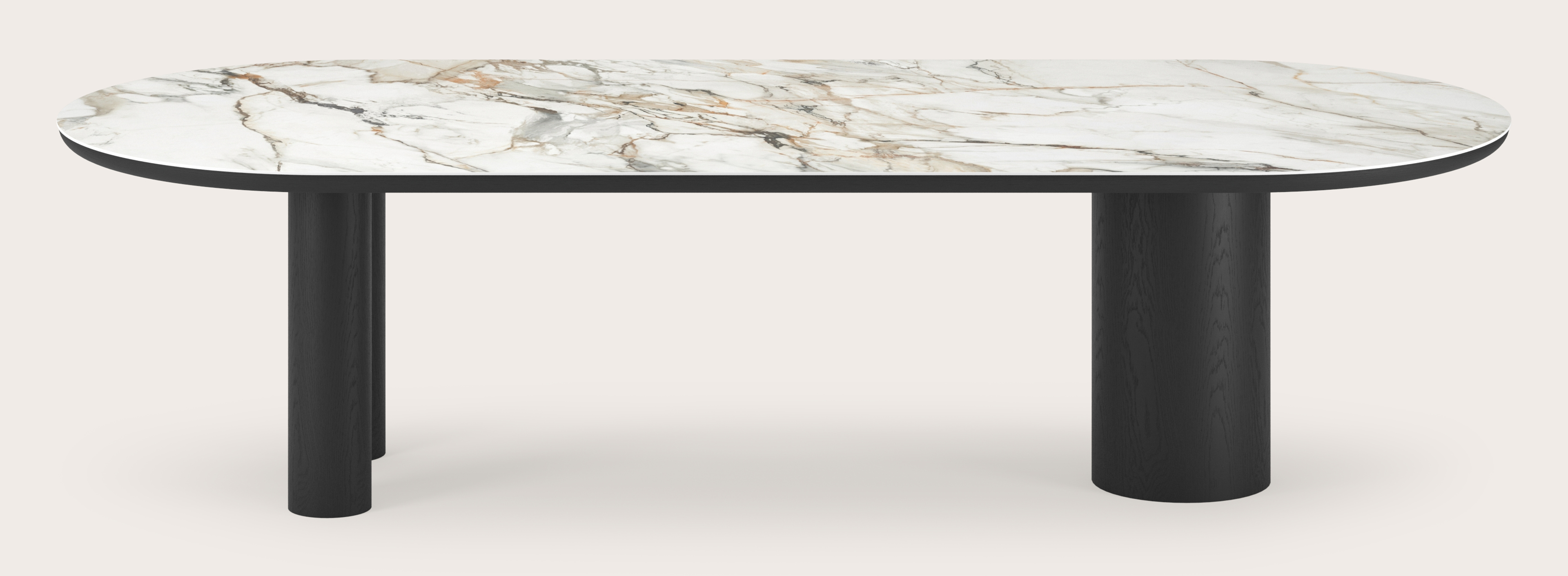 Eettafel Amato Rondo onderstel in zwarte eik met plat ovaal volkeramisch Ceramo blad in kleur Calacatta Luxe 300 x 120 x 76 cm