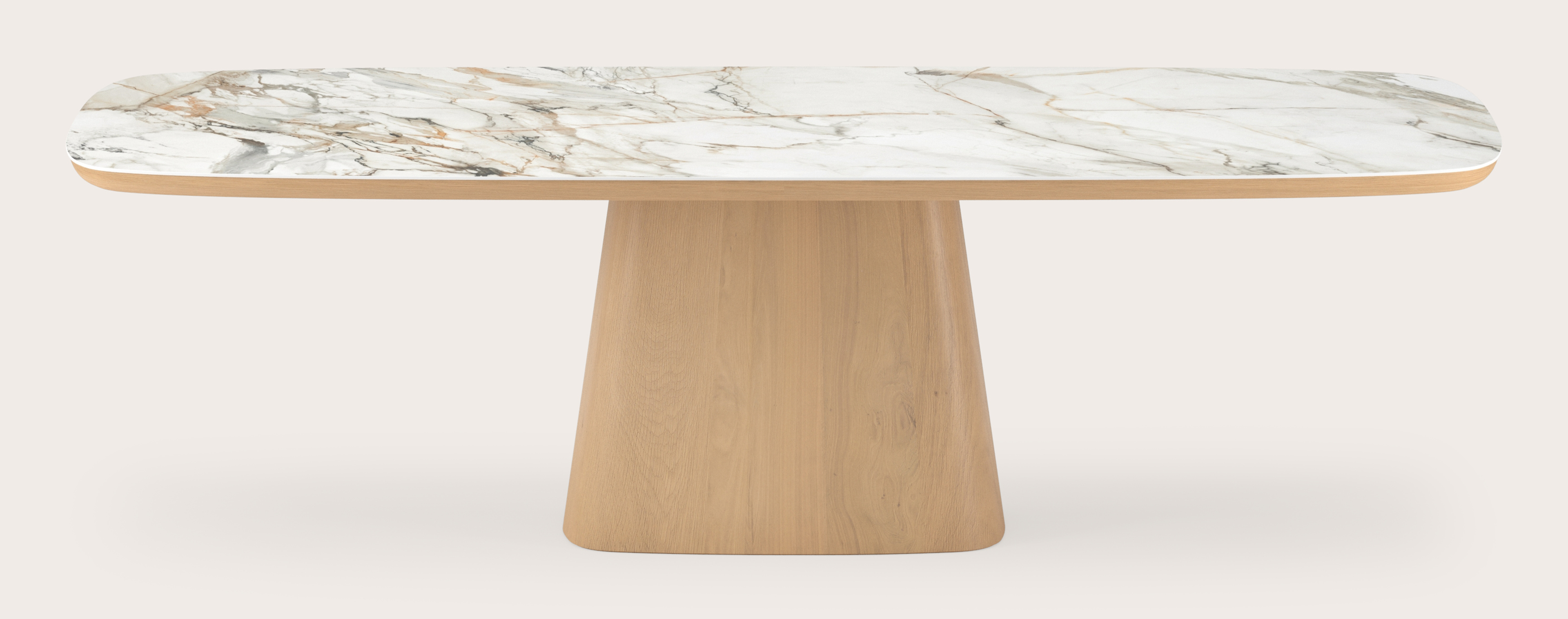 Eettafel Amato Cuadro onderstel in chêne couleur naturelle avec plateau Ceramo forme arrondie en céramique en couleur Calacatta Luxe 260 x 110 x 77 cm